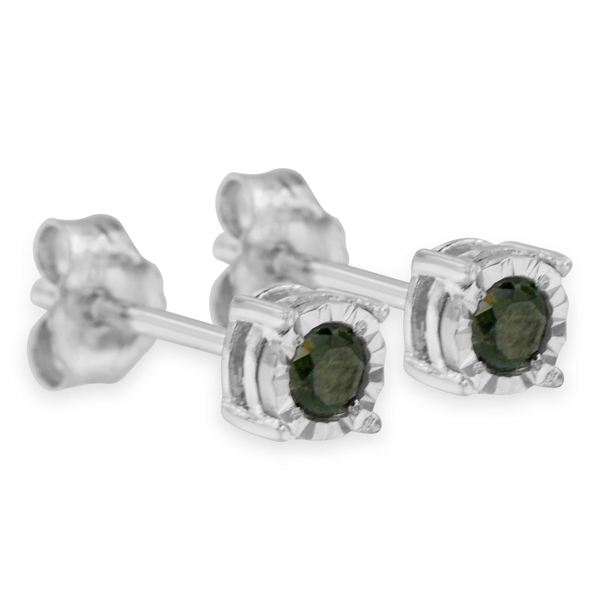 Round Cut Sterling Silver 1/4 Carat Rose Cut Treated Green Diamond Solitaire Stud Earrings For Sale