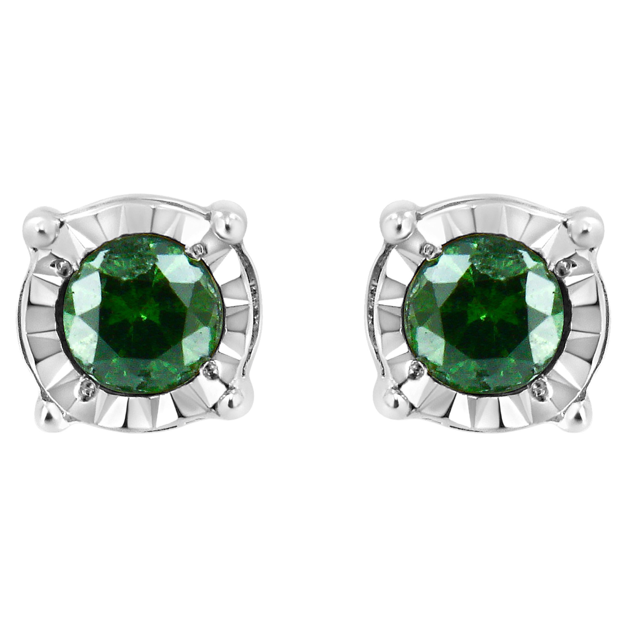 Sterling Silver 1/4 Carat Rose Cut Treated Green Diamond Solitaire Stud Earrings For Sale