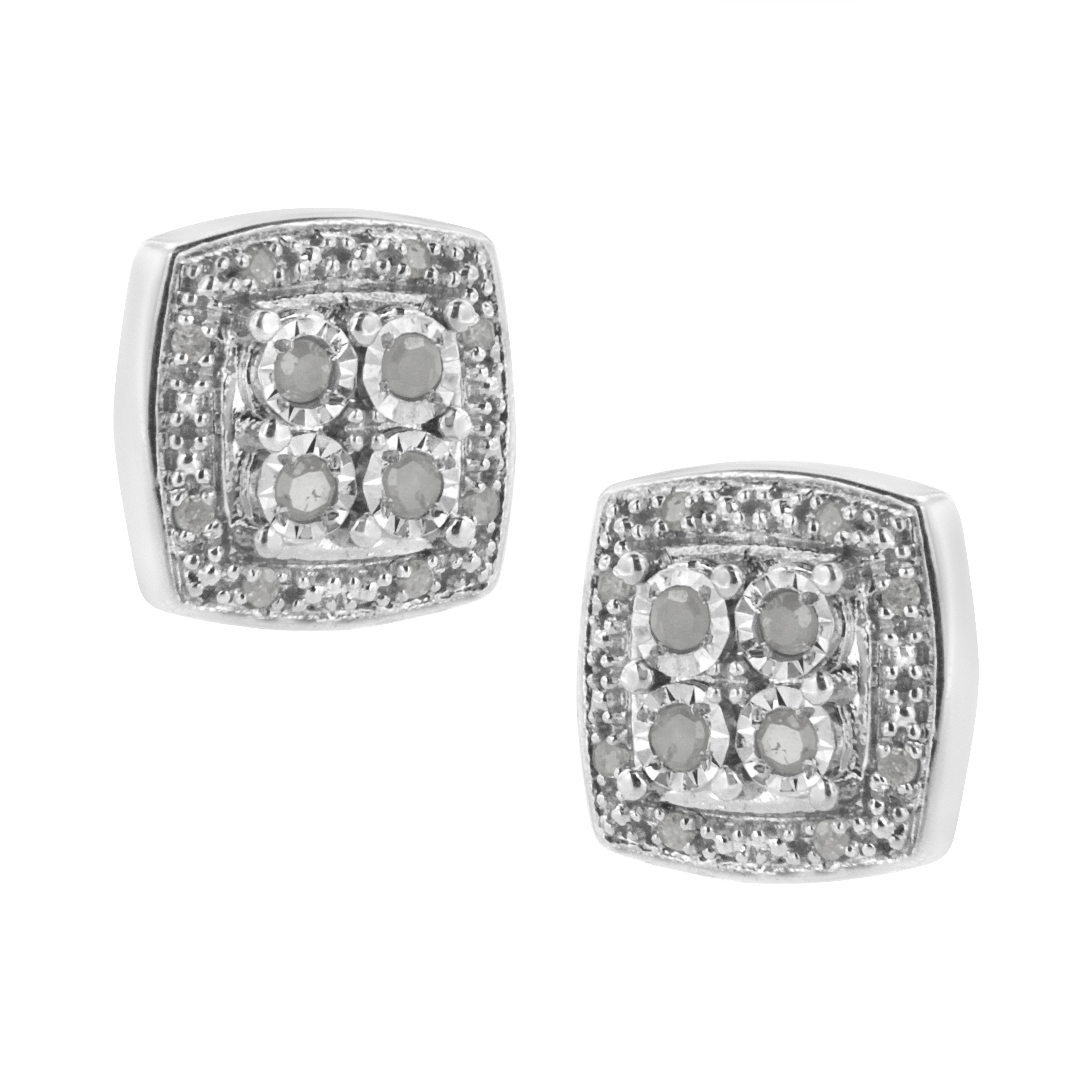 These gorgeous pair of square shaped studs are crafted in the finest .925 sterling silver and boasts 1/4 ct tdw of natural, sparkling diamonds. At the center of this piece sits 4 round-cut diamonds each, surrounded by 8 smaller, round-cut diamonds