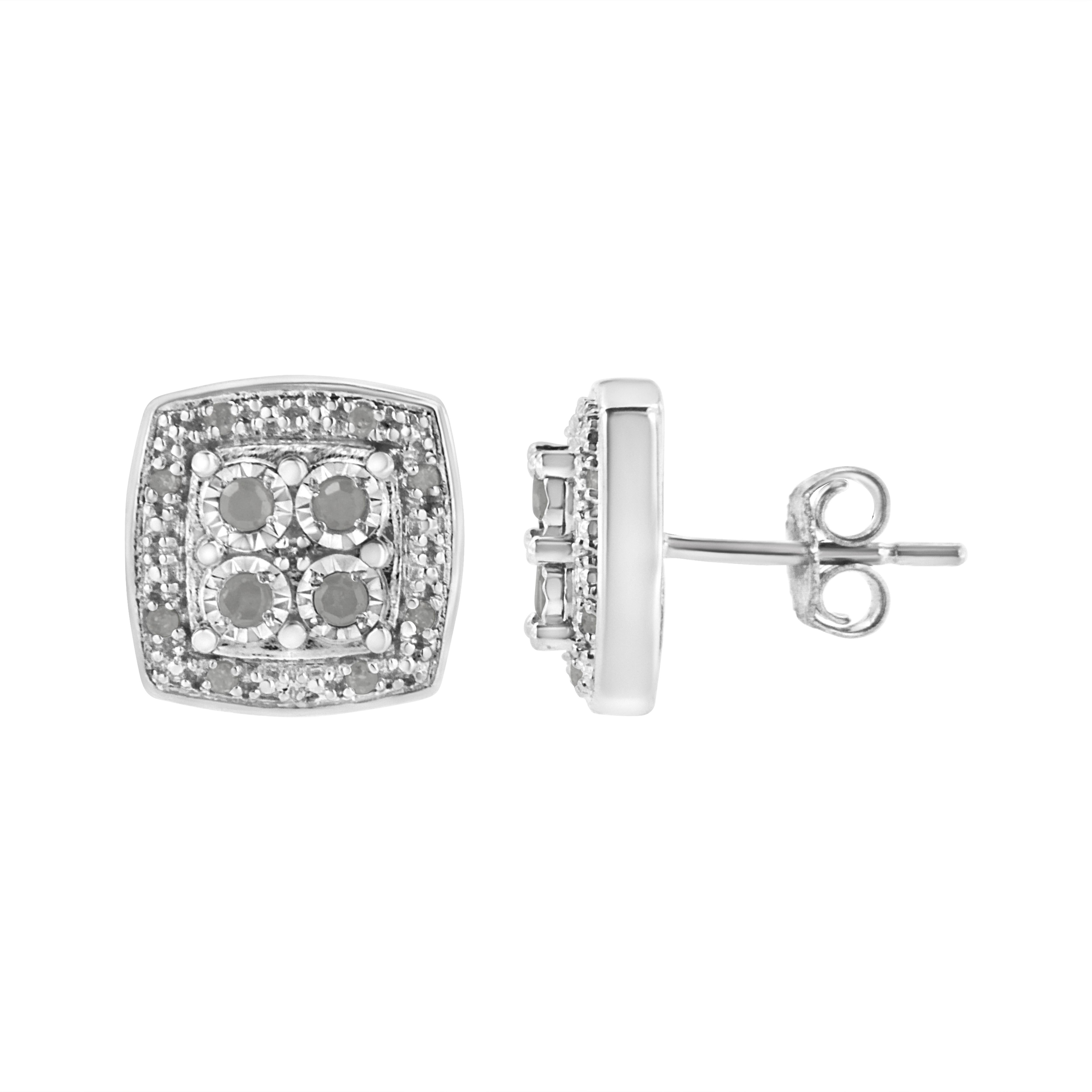 Contemporary Sterling Silver 1/4 Carat Round Cut Diamond Square Shape Milgrain Stud Earrings For Sale