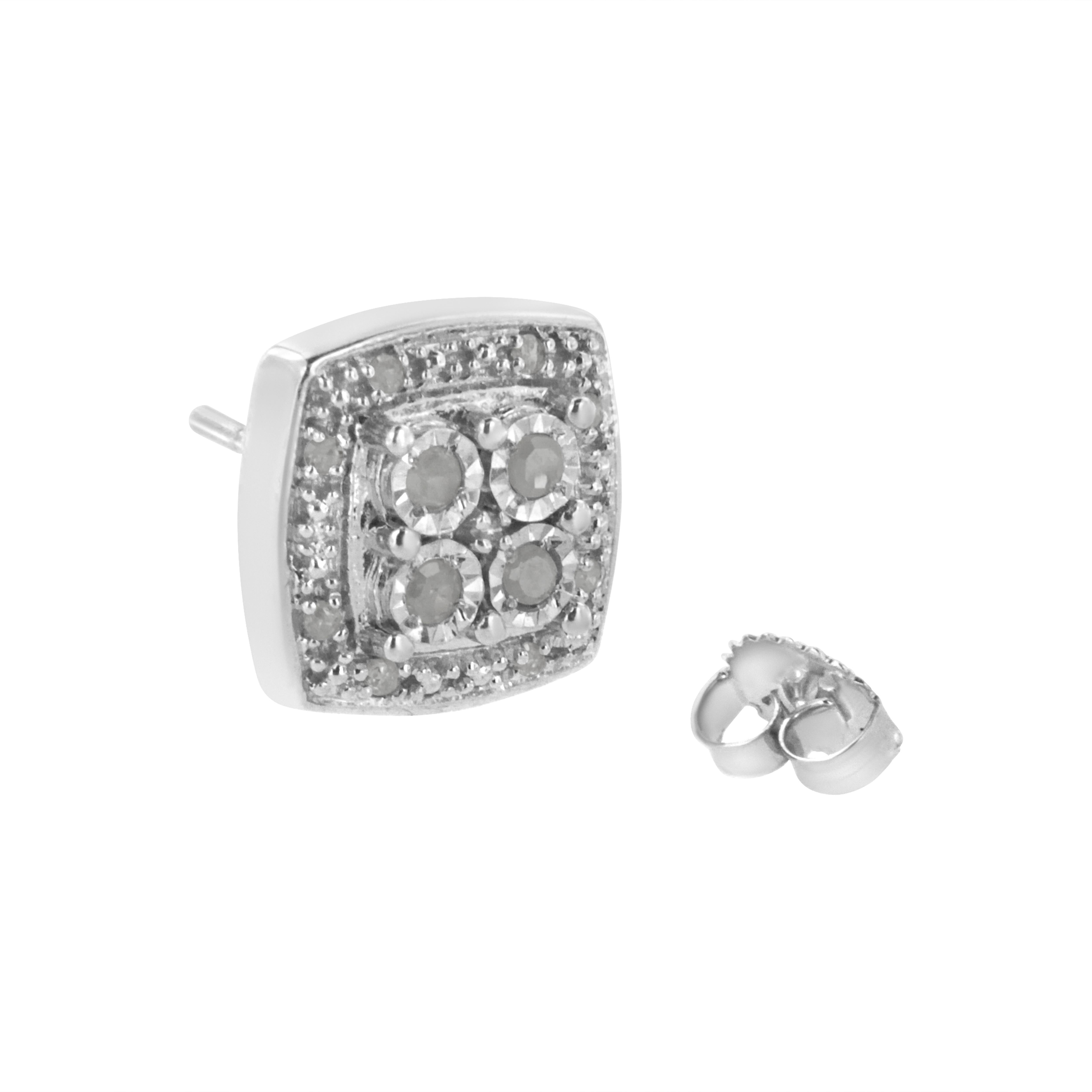 Sterling Silver 1/4 Carat Round Cut Diamond Square Shape Milgrain Stud Earrings In New Condition For Sale In New York, NY