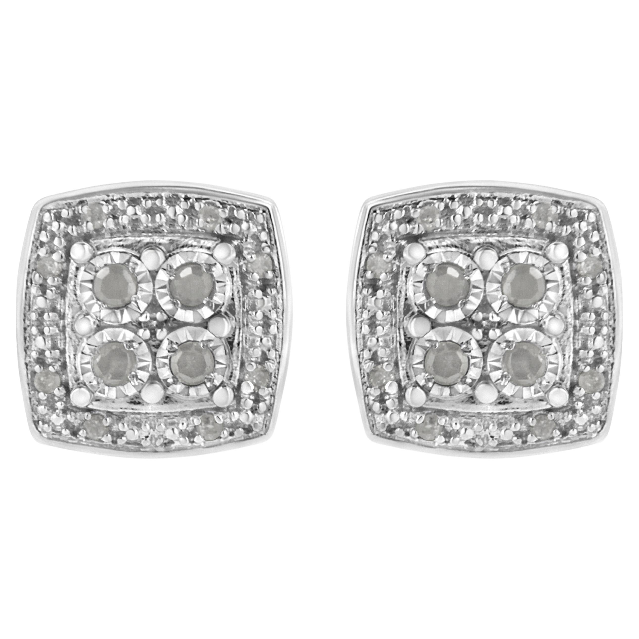 Pendientes de plata de ley de 1/4 quilates con diamante de corte redondo y forma cuadrada Milgrain