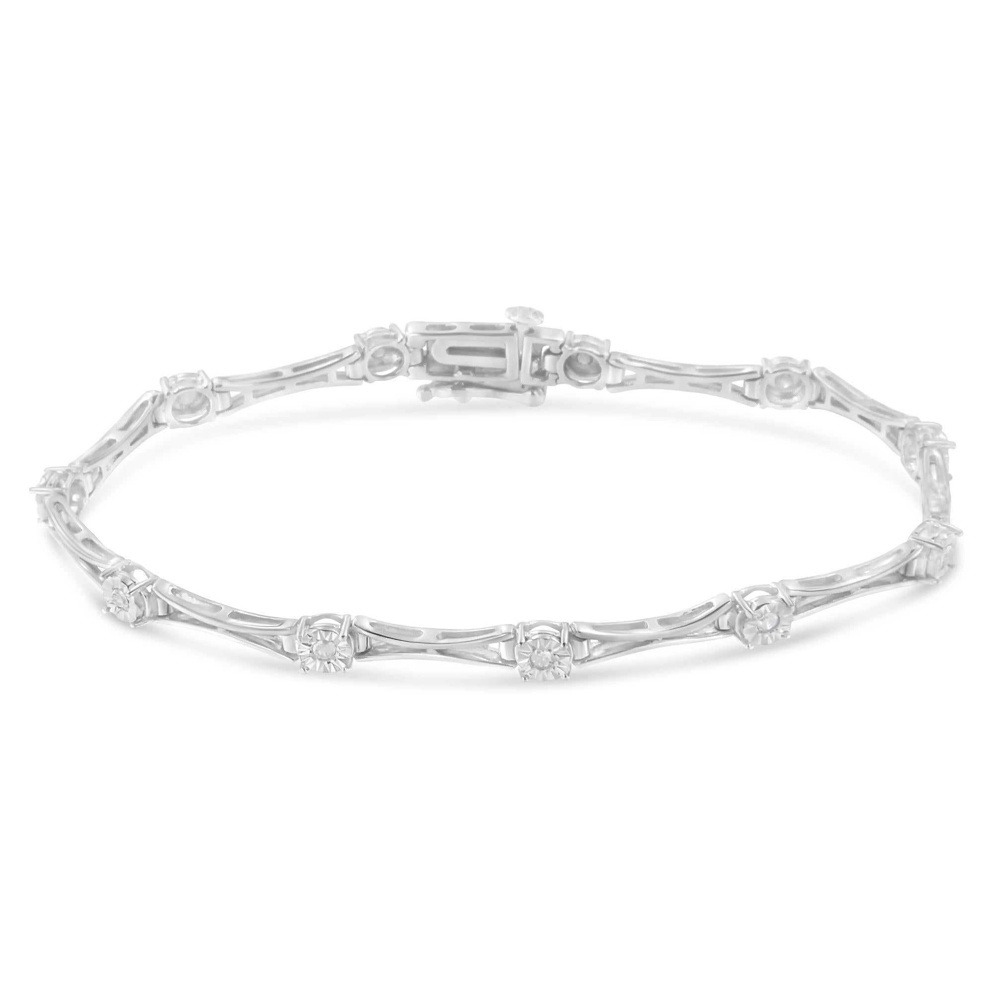 Elegant and timeless, this gorgeous .925 sterling silver tennis bracelet features 0.25 carat total weight of round, promo-quality, rose-cut diamonds. These diamonds are set in a unique miracle-plate setting which centers each genuine diamond in a
