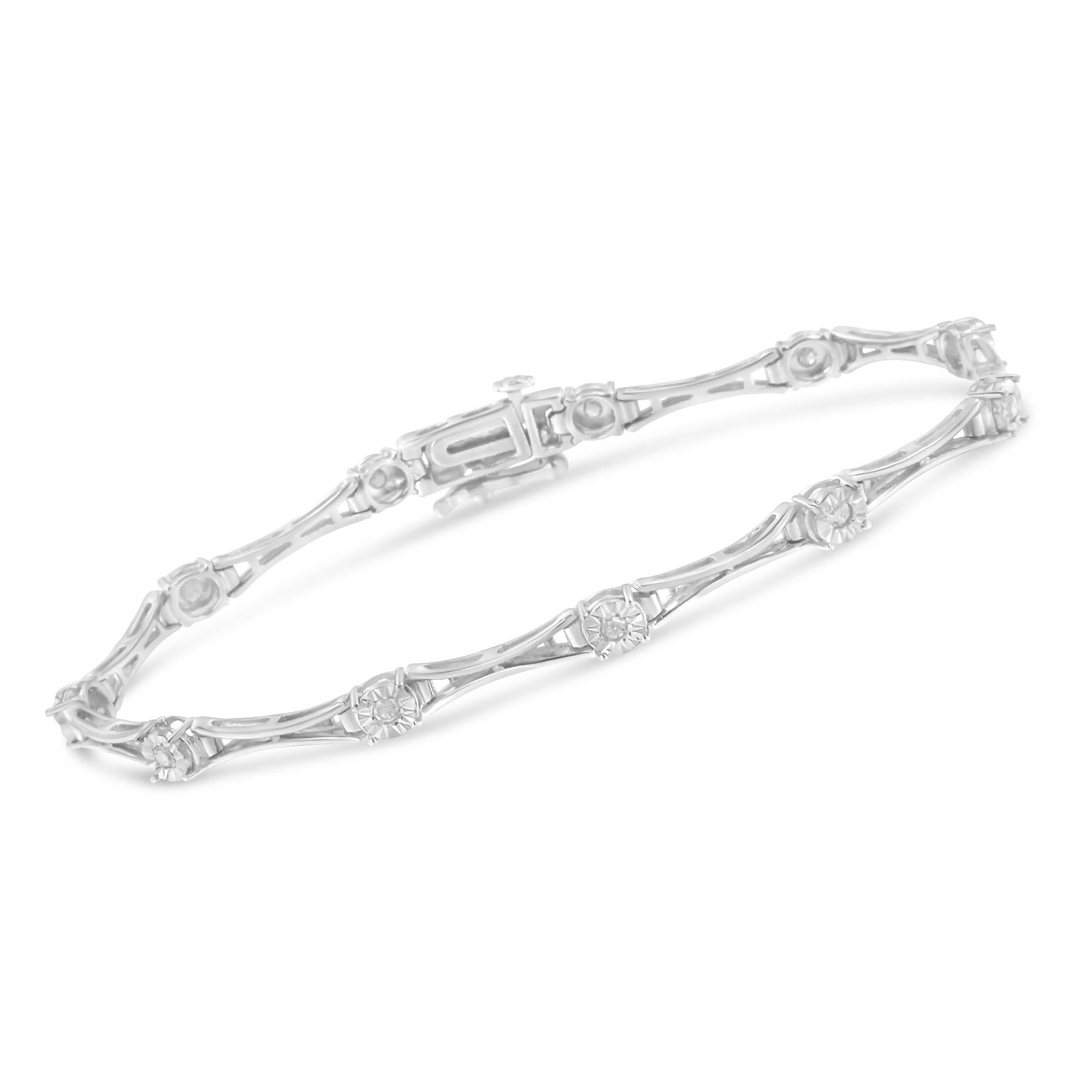 Contemporary Sterling Silver 1/4 Ct Diamond Miracle-Set Flared-Bar Link-Style Tennis Bracelet For Sale
