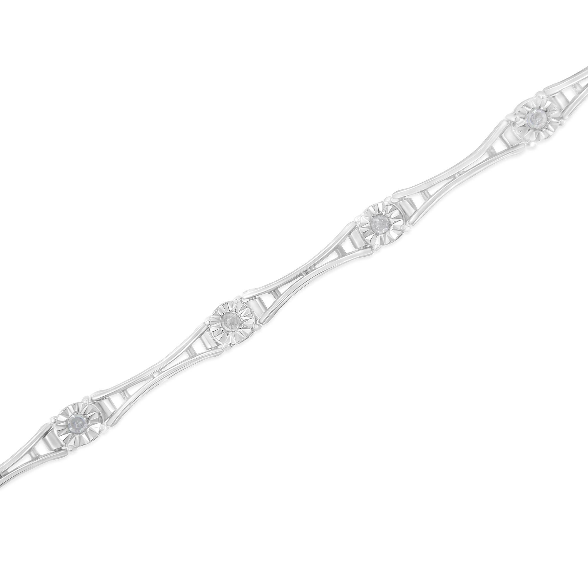Round Cut Sterling Silver 1/4 Ct Diamond Miracle-Set Flared-Bar Link-Style Tennis Bracelet For Sale