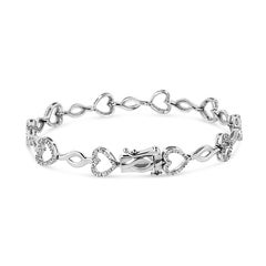 Sterling Silver 1/4 Ct Round-Cut Diamond Alternating Heart & Leaf Link Bracelet