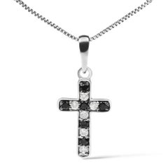 Sterling Silver 1/4 Ct Treated Black and White Diamond Cross Pendant Necklace