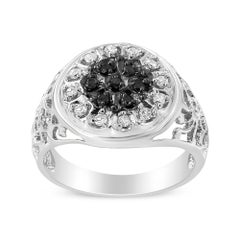 Sterling Silver 1/4 Ct White and Black Treated Diamond Halo Cluster Ring for Men