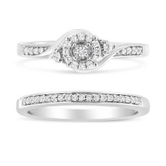 Sterling Silver 1/4ct Diamond Halo and Swirl Engagement Ring & Wedding Band Set