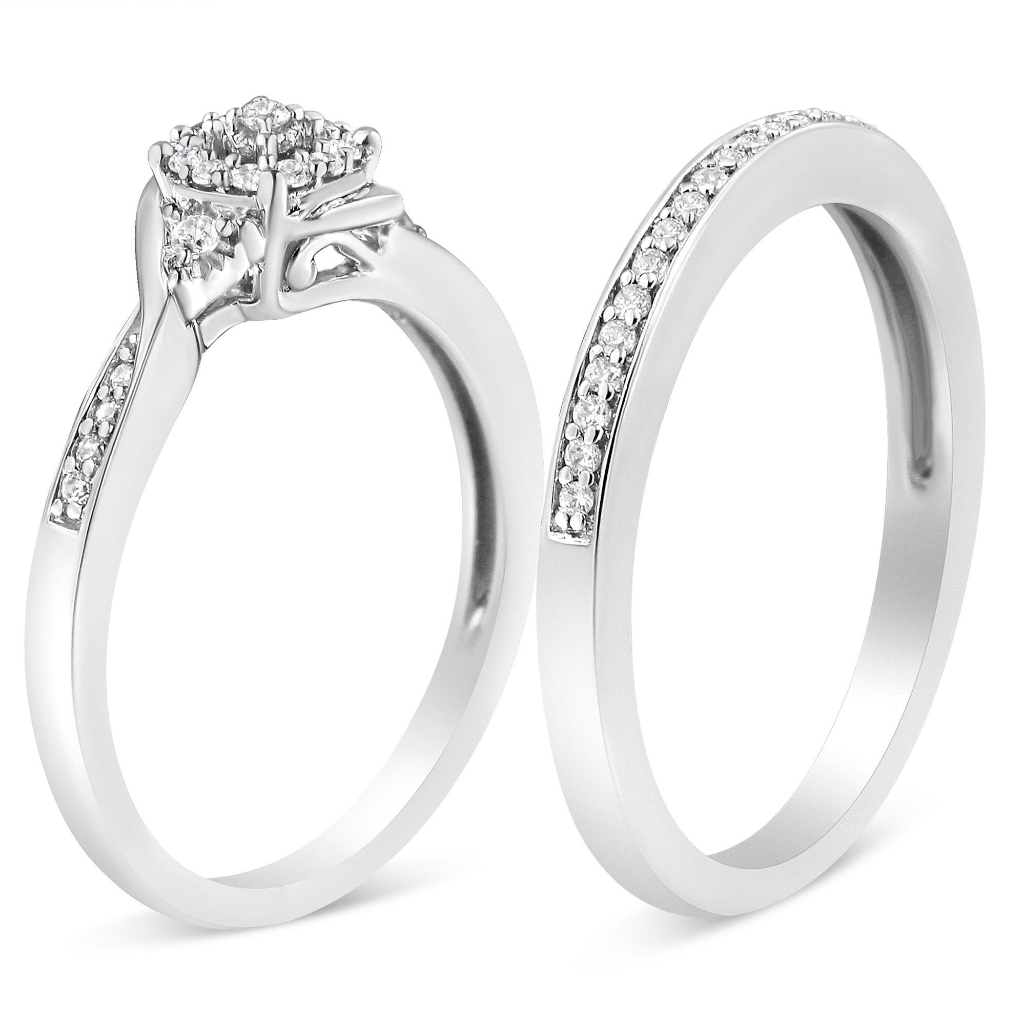 Moderne Bague de fiançailles et alliance en argent sterling avec halo et tourbillon de diamants de 1/4ct en vente