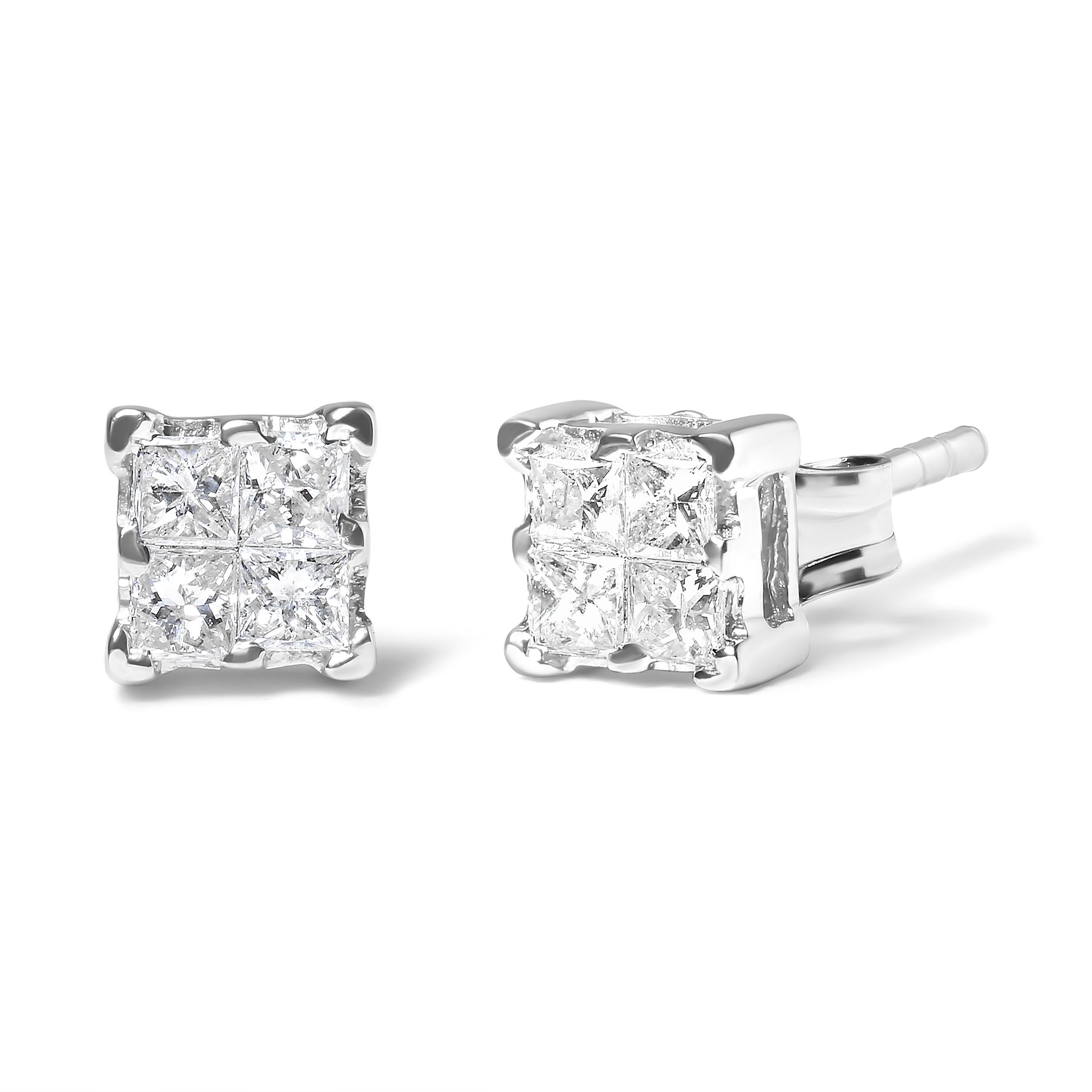These composite designed earrings feature stunning, invisibly-set diamonds that enhance the size of the diamonds for a larger overall diamond look. Revealing a quad of four princess cut diamonds on each stud, these earrings are perfect for everyday