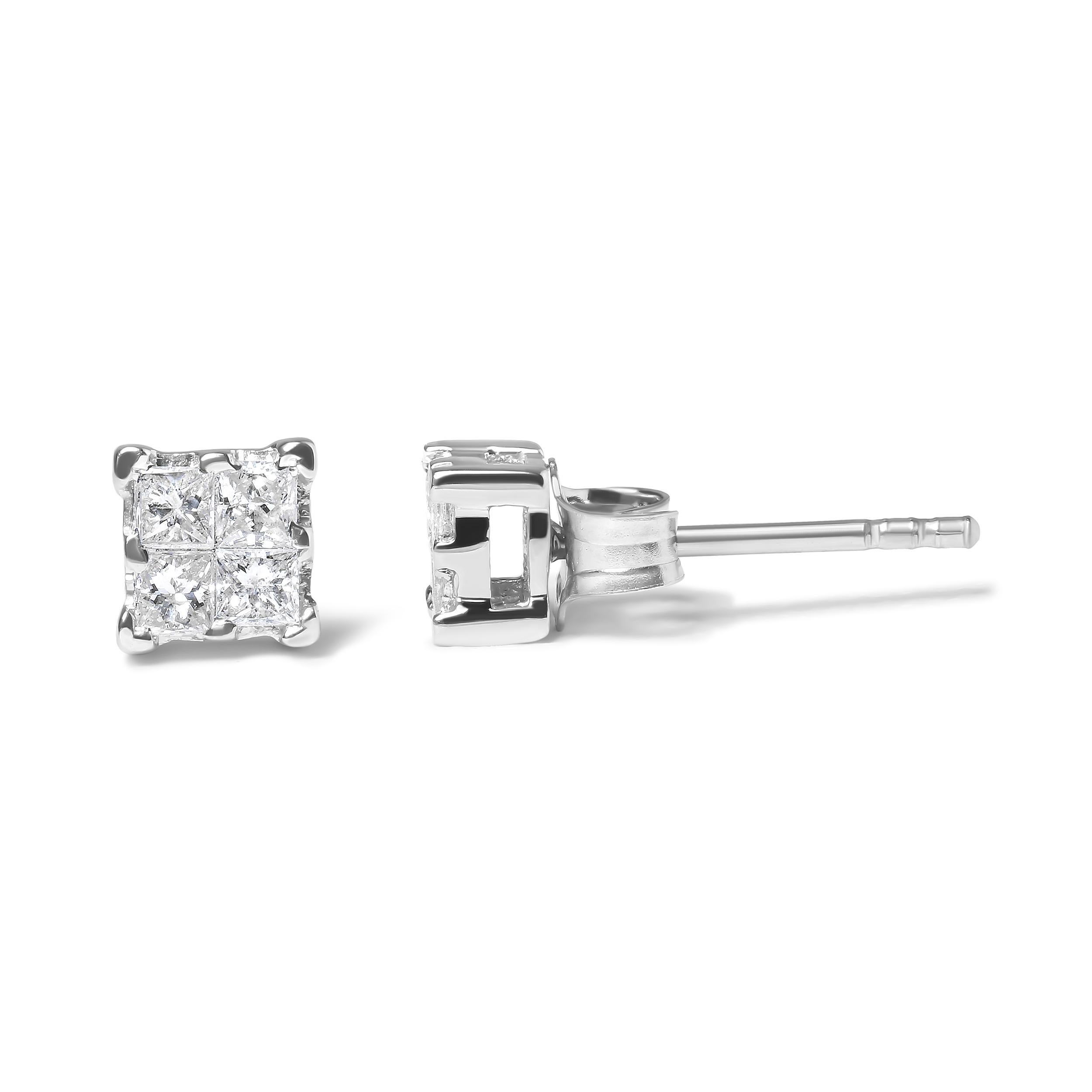 Contemporary Sterling Silver 1/4ct Invisible Set Princess Diamond Composite Quad Stud Earring For Sale