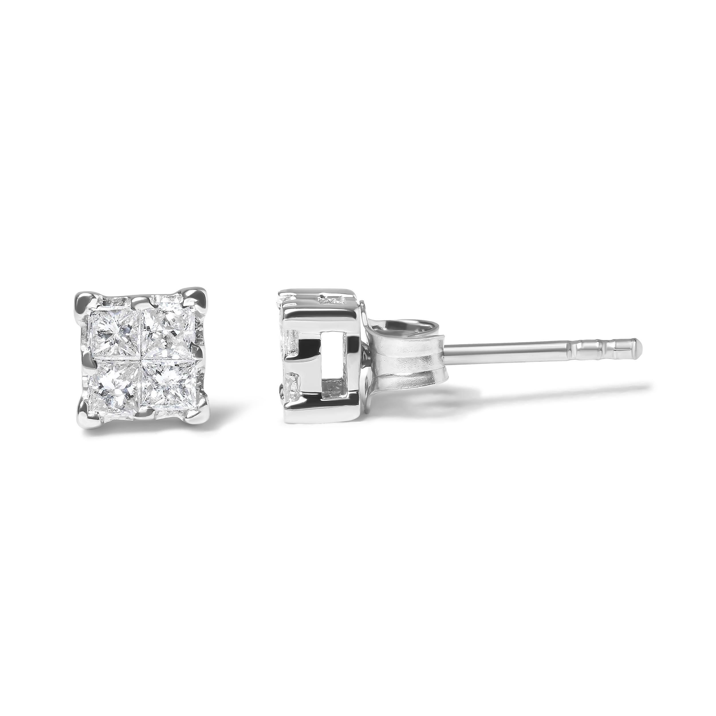 Contemporain Clous d'oreilles en argent sterling composite de diamants princesses de 1/4 carat, sertis invisible en vente