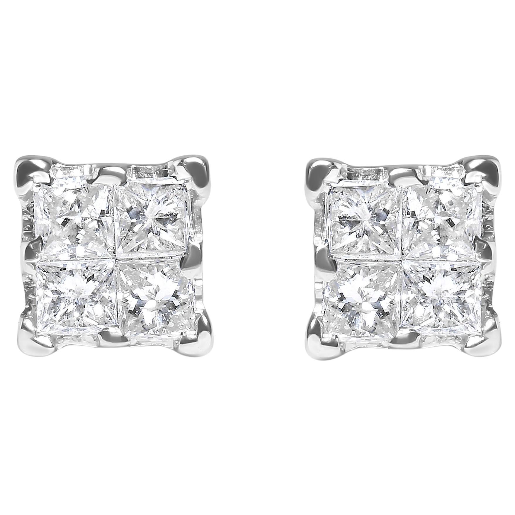 Sterling Silver 1/4ct Invisible Set Princess Diamond Composite Quad Stud Earring For Sale
