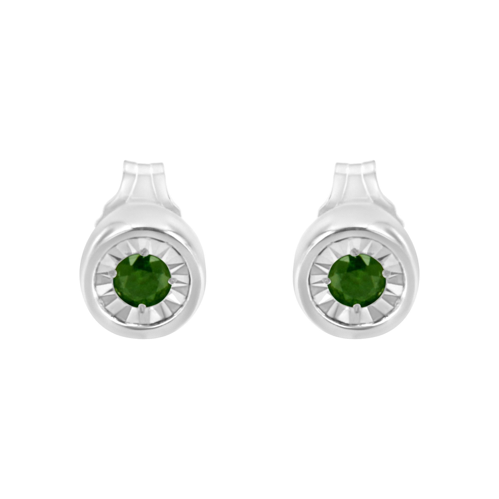 Contemporary Sterling Silver 1/5 Carat Bezel Set Treated Green Diamond Petite Stud Earrings For Sale