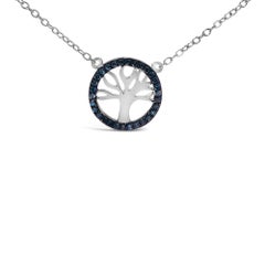 Sterling Silver 1/6 Cttw Blue Diamond Tree of Life and Circle Pendant Necklace