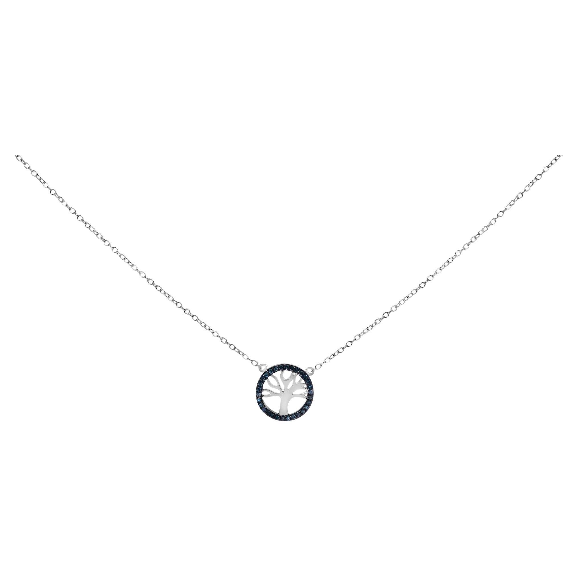 Sterling Silver 1/6 Cttw Blue Diamond Tree of Life and Circle Pendant Necklace