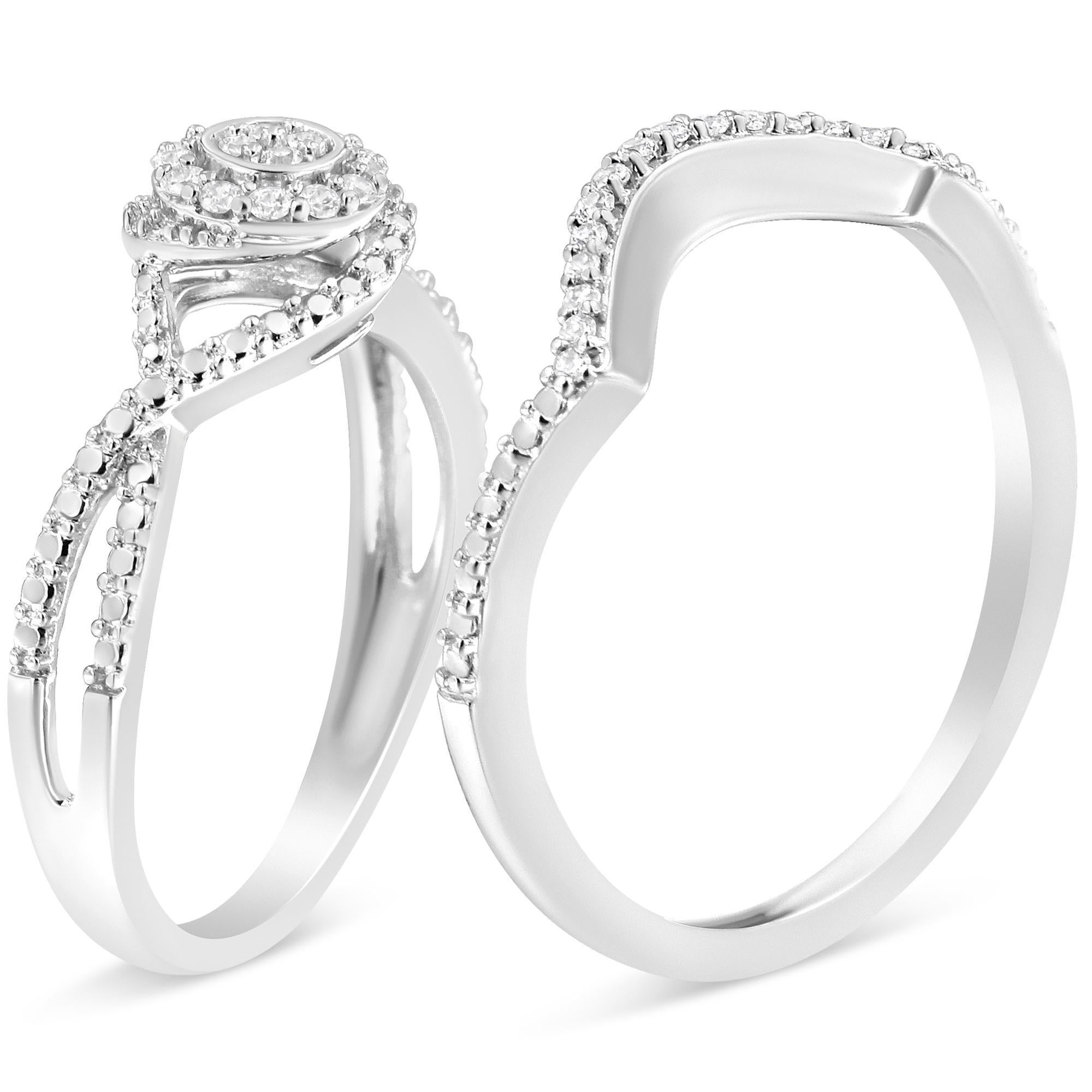 Modern Sterling Silver 1/6 Cttw Diamond Composite Halo and Split Shank Bridal Set Ring For Sale