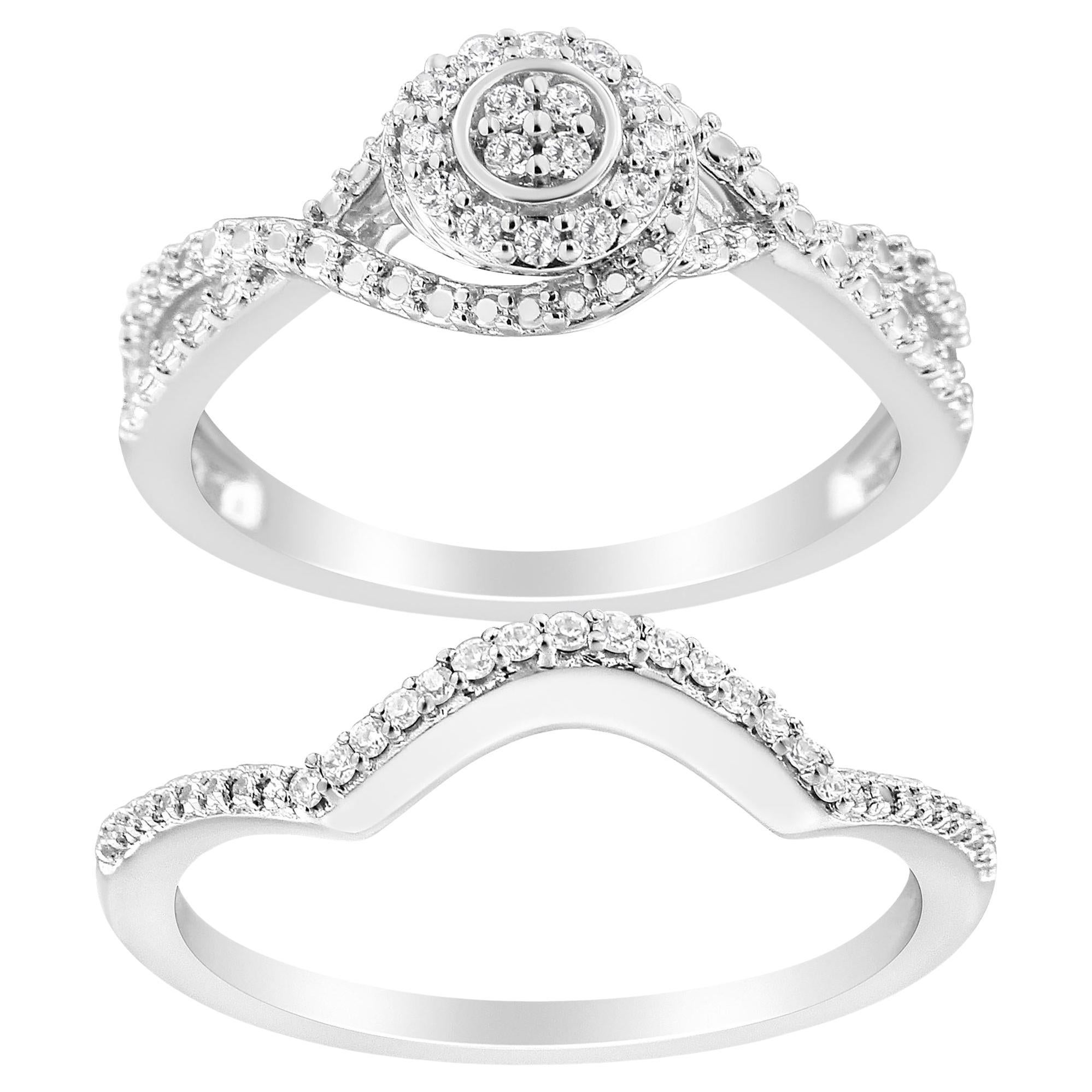 Sterling Silver 1/6 Cttw Diamond Composite Halo and Split Shank Bridal Set Ring