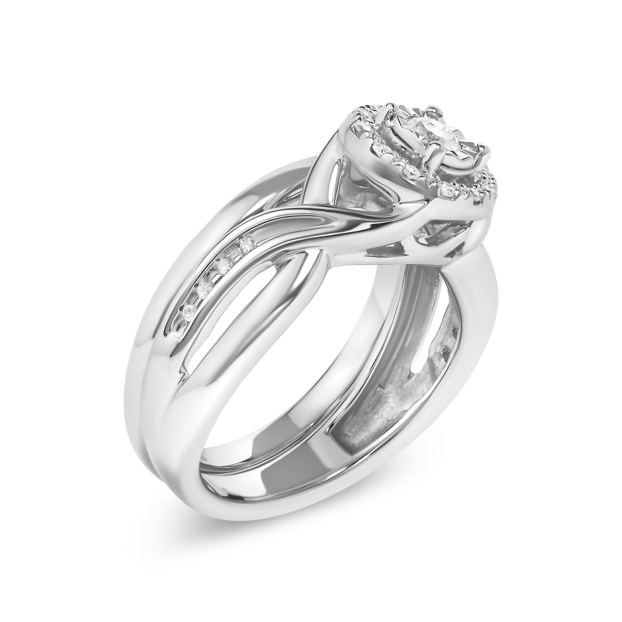 Moderne Bague de fiançailles et alliance en argent sterling 1/7 Ct Diamond Halo Bypass en vente