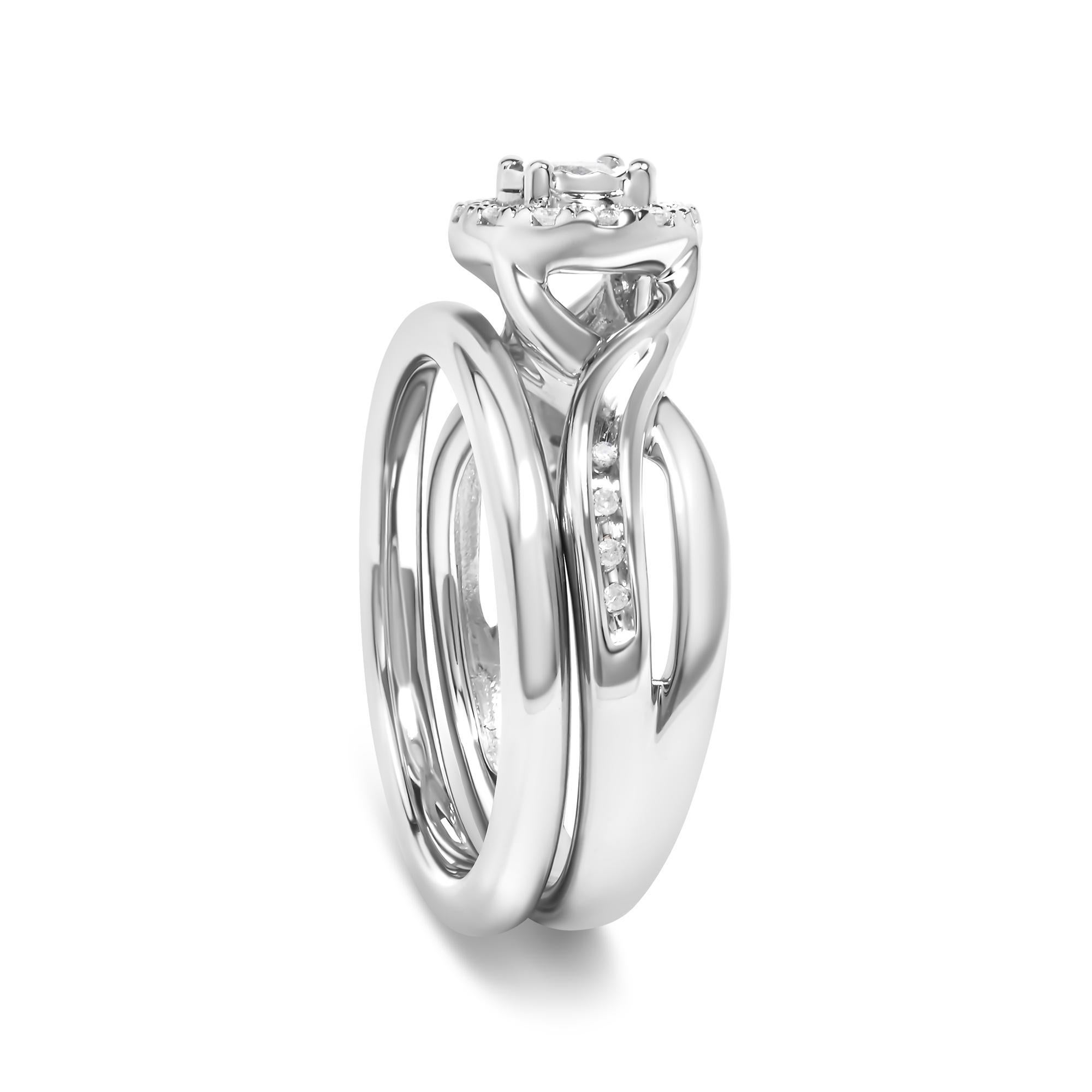 Taille ronde Bague de fiançailles et alliance en argent sterling 1/7 Ct Diamond Halo Bypass en vente