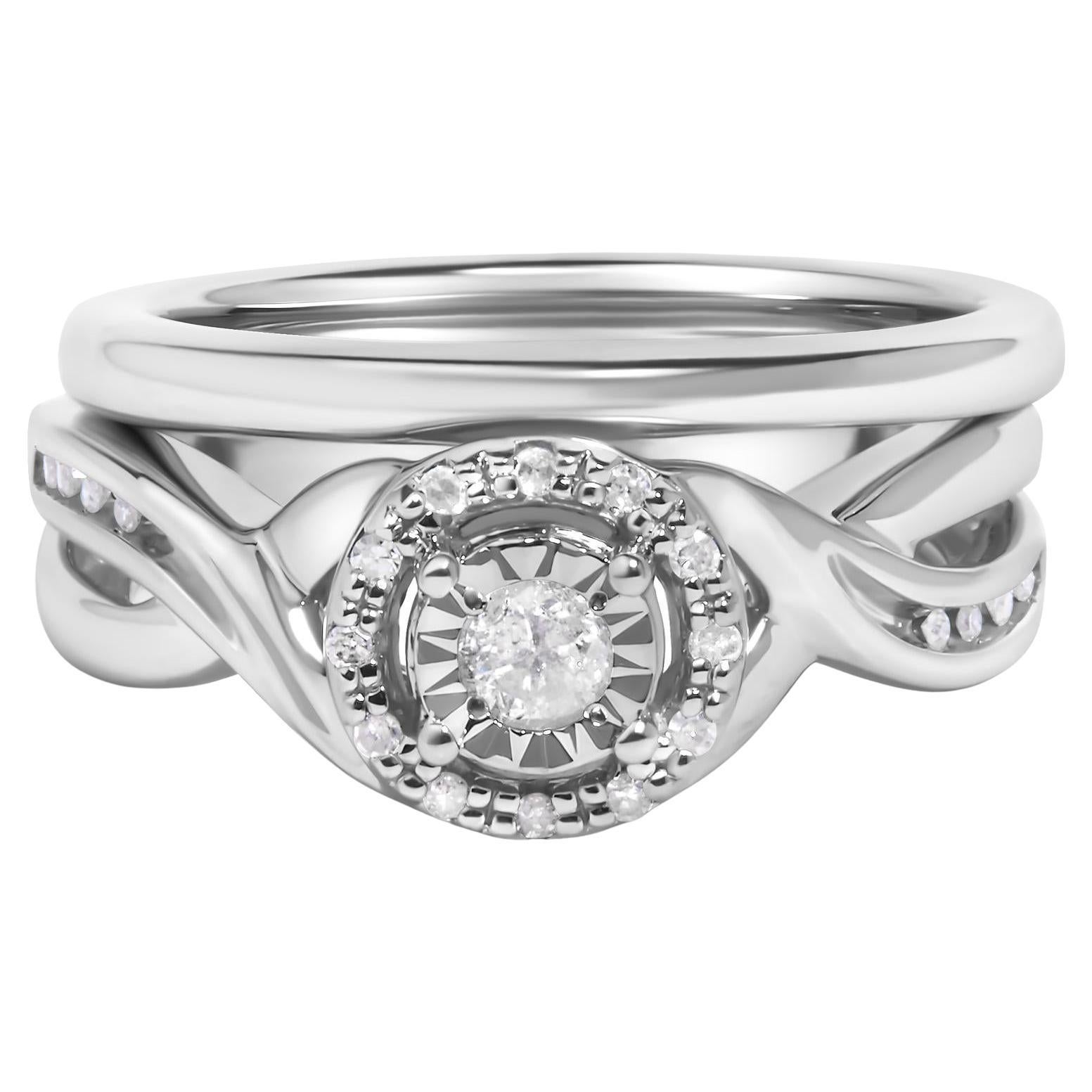 Bague de fiançailles et alliance en argent sterling 1/7 Ct Diamond Halo Bypass
