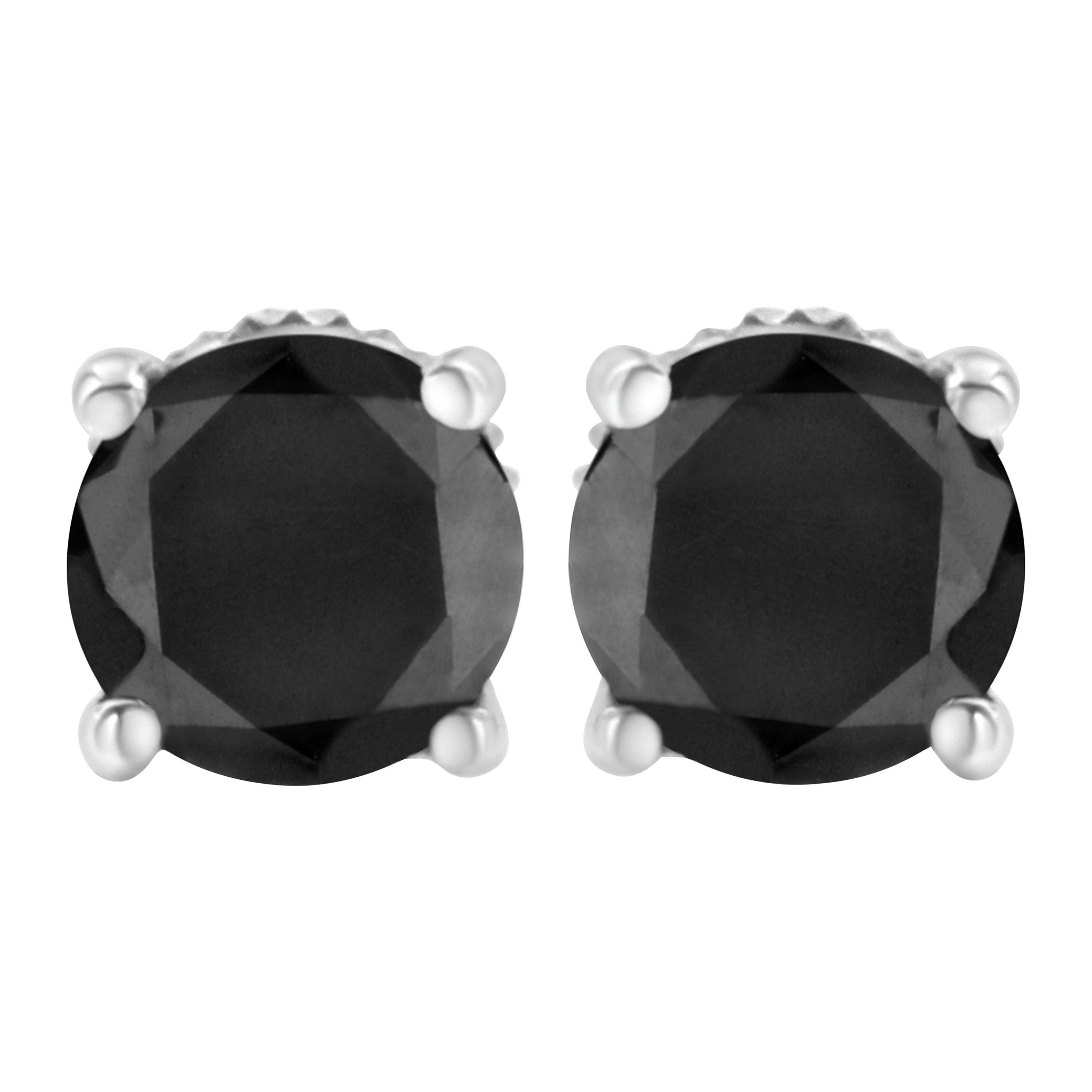 Clous d'oreilles classiques à 4 griffes en argent sterling avec diamants noirs de 1,0 carat à l'arrière