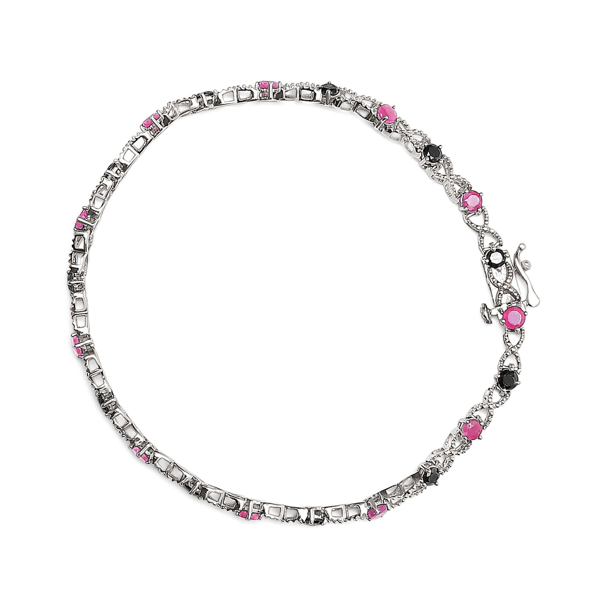 Modern Sterling Silver 1.0 Carat Black Diamond with Lab Created Pink Ruby Link Bracelet For Sale