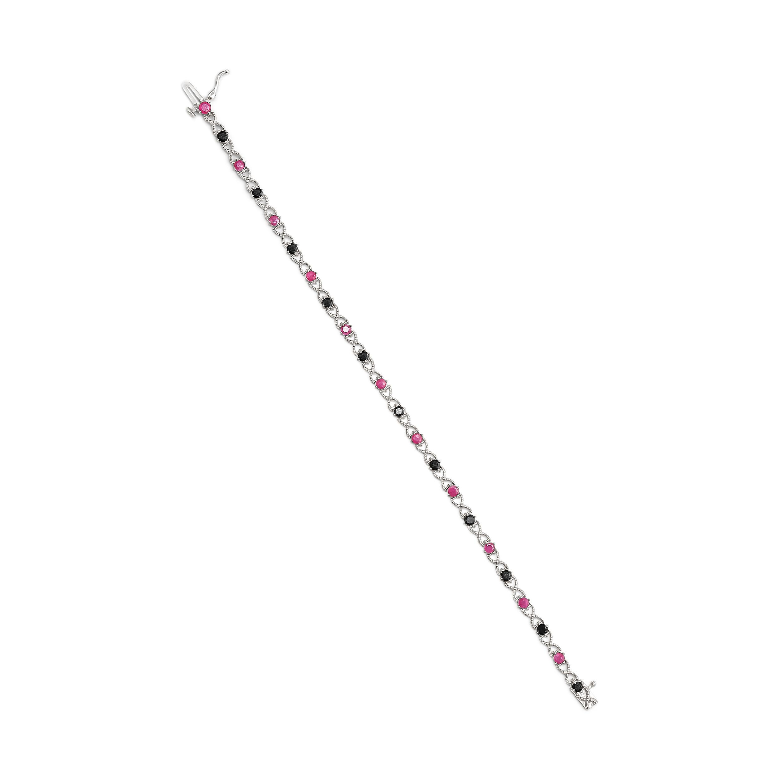 Gliederarmband aus Sterlingsilber 1,0 Karat schwarzem Diamant mit rosa Rubin im Lab-Schliff (Rundschliff) im Angebot