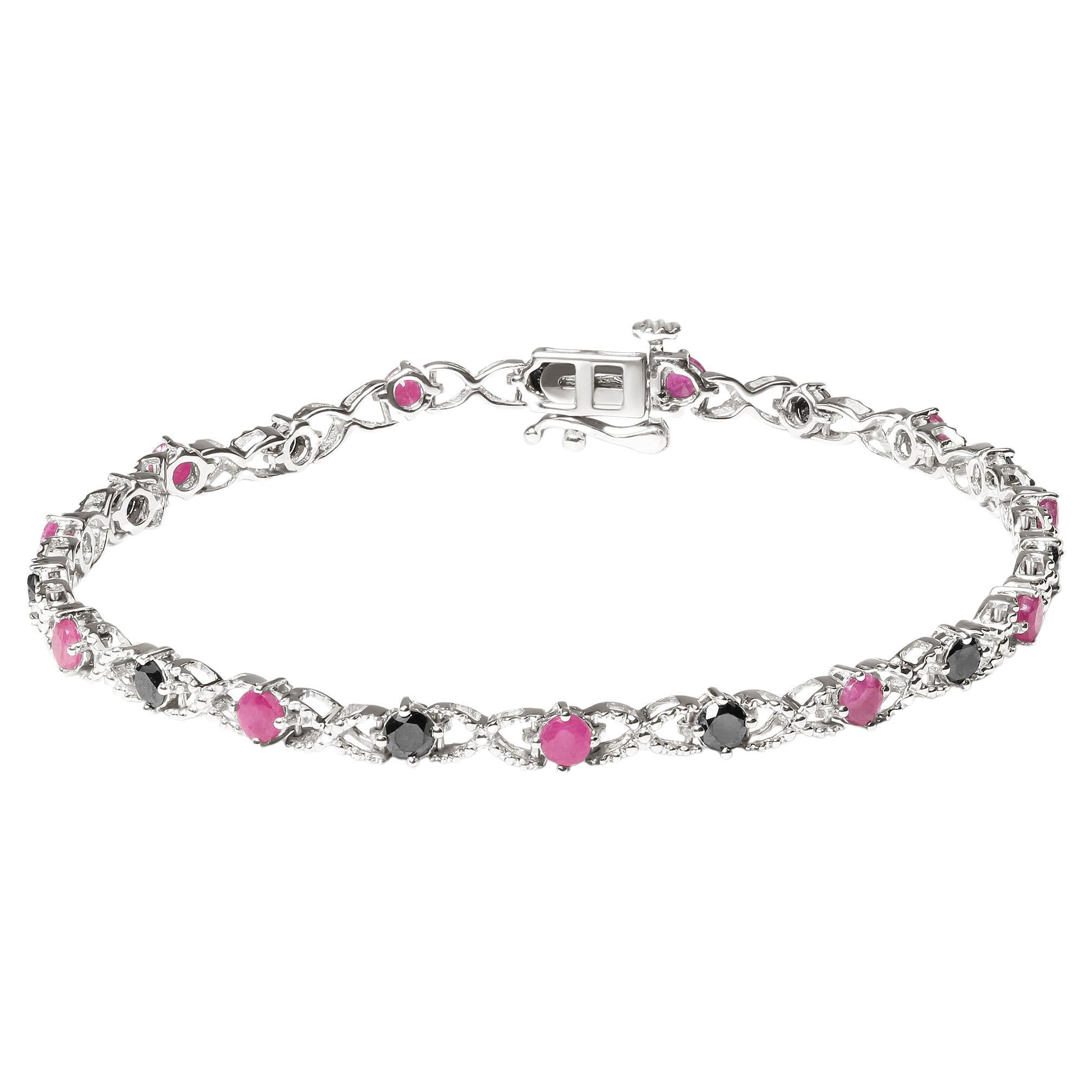 Sterling Silver 1.0 Carat Black Diamond with Lab Created Pink Ruby Link Bracelet For Sale