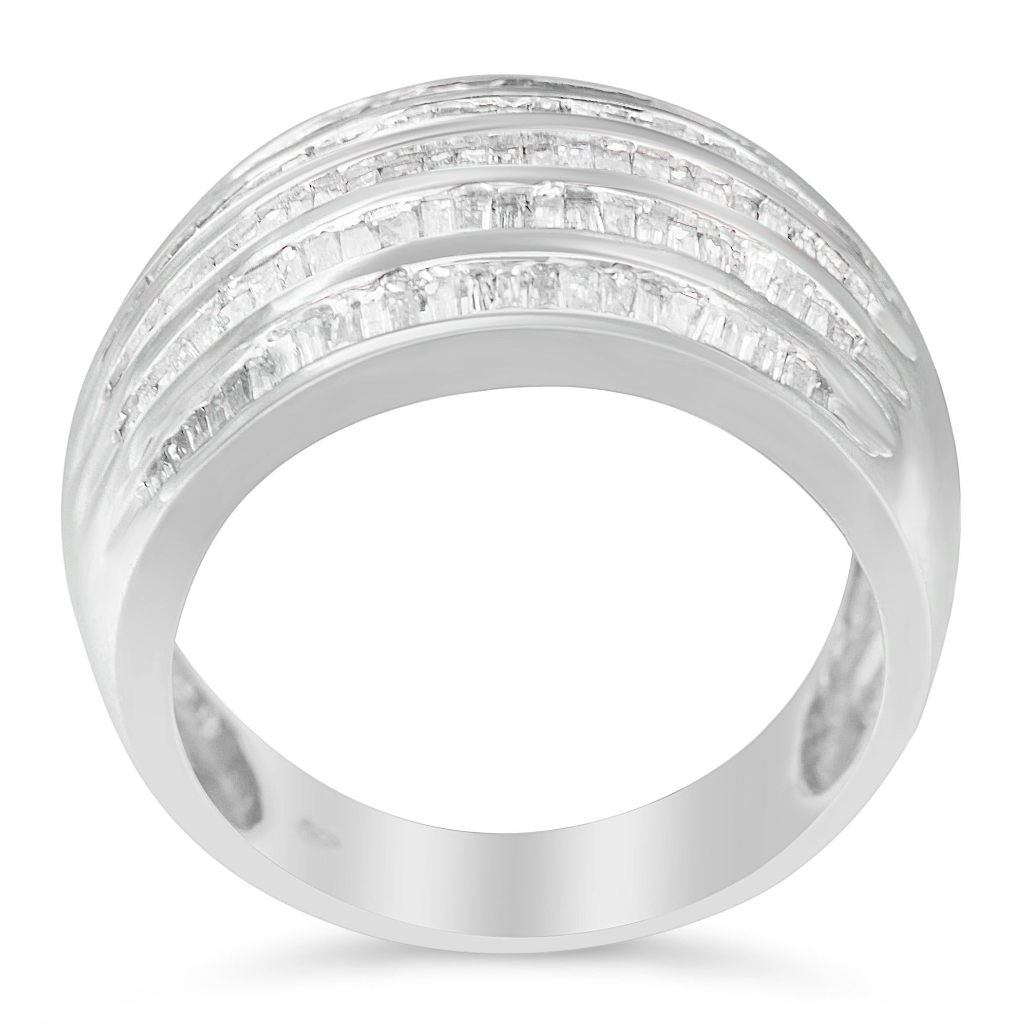 This wedding anniversary make her feel out of the world by presenting this diamond fashion band. The sterling silver band, features six sleek rows encrusted with precious baguette cut diamonds that lend the ring an exquisite appeal. Designed with