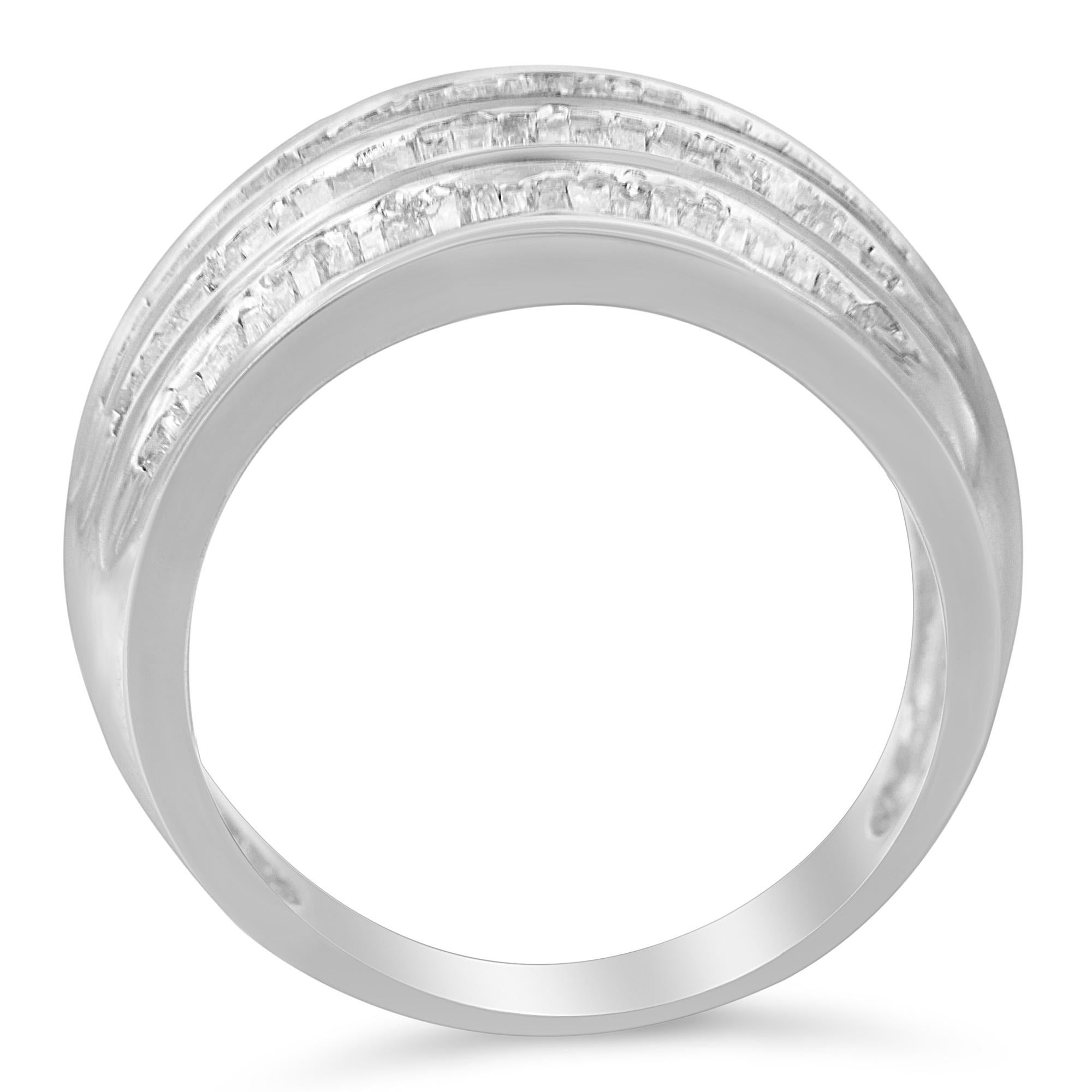 Contemporary Sterling Silver 1.0 Carat Multi-Row Baguette Diamond Band Cocktail Ring For Sale