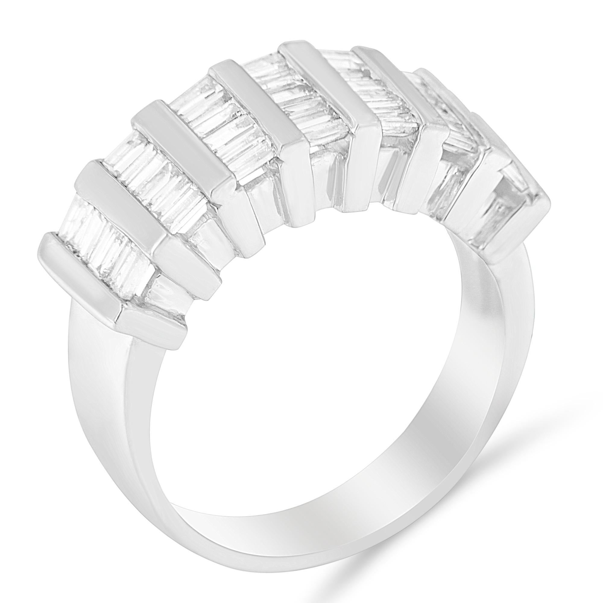 Contemporary Sterling Silver 1.0 Carat Multi-Row Baguette Diamond Ring For Sale