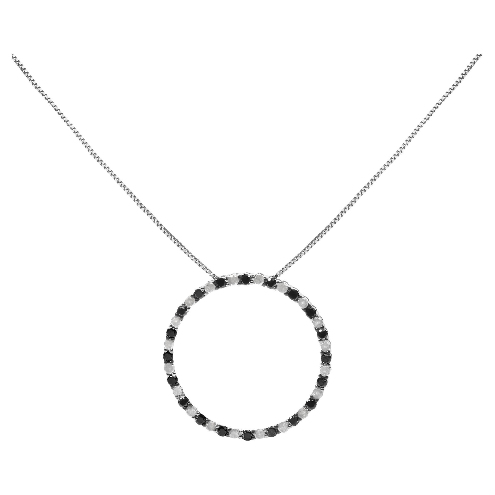 Sterling Silver 1.0 Ct Black and White Diamond Open Hoop Circle Pendant Necklace