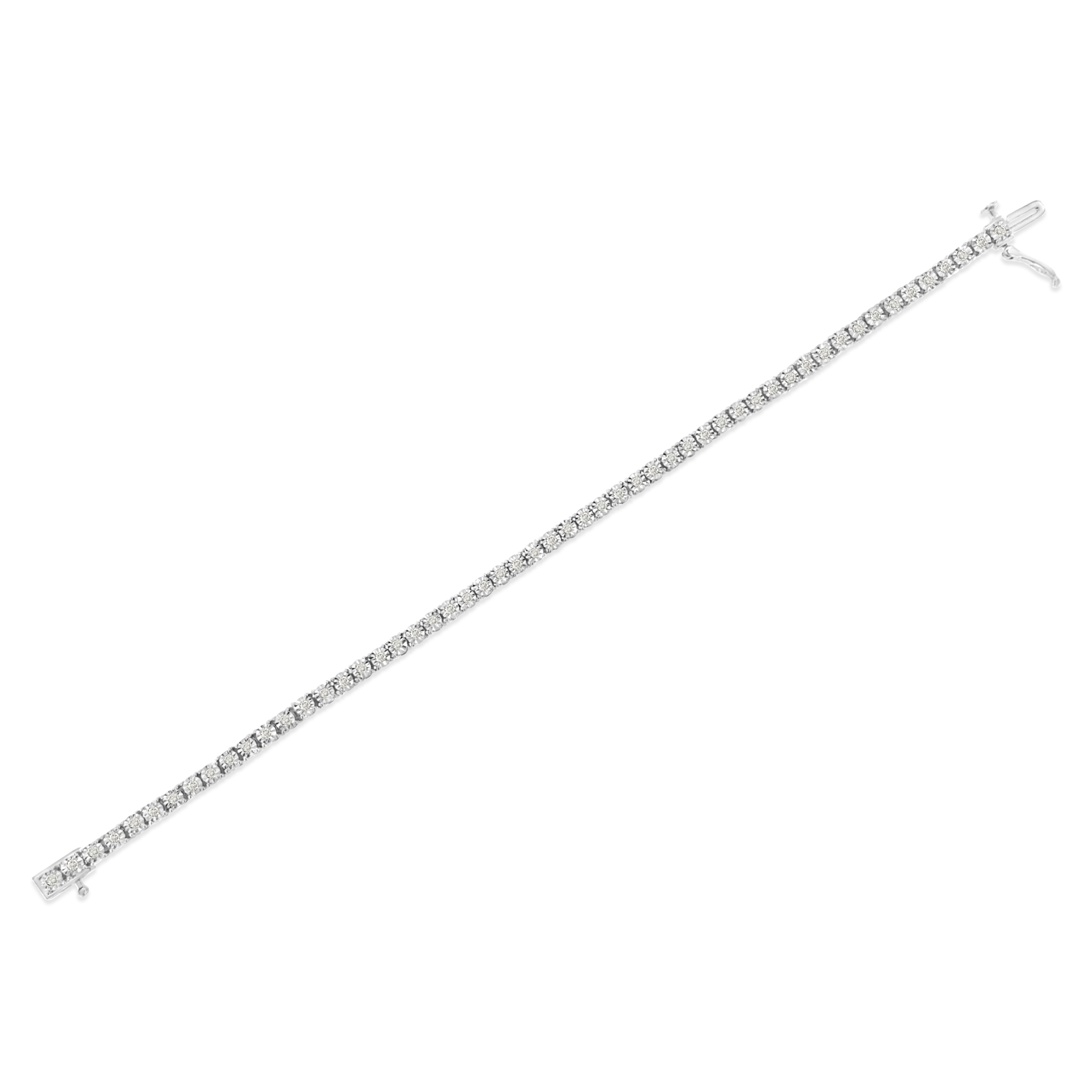 Round Cut Sterling Silver 1.0 Cttw Miracle-Set Diamond Round Faceted Bezel Tennis Bracelet For Sale