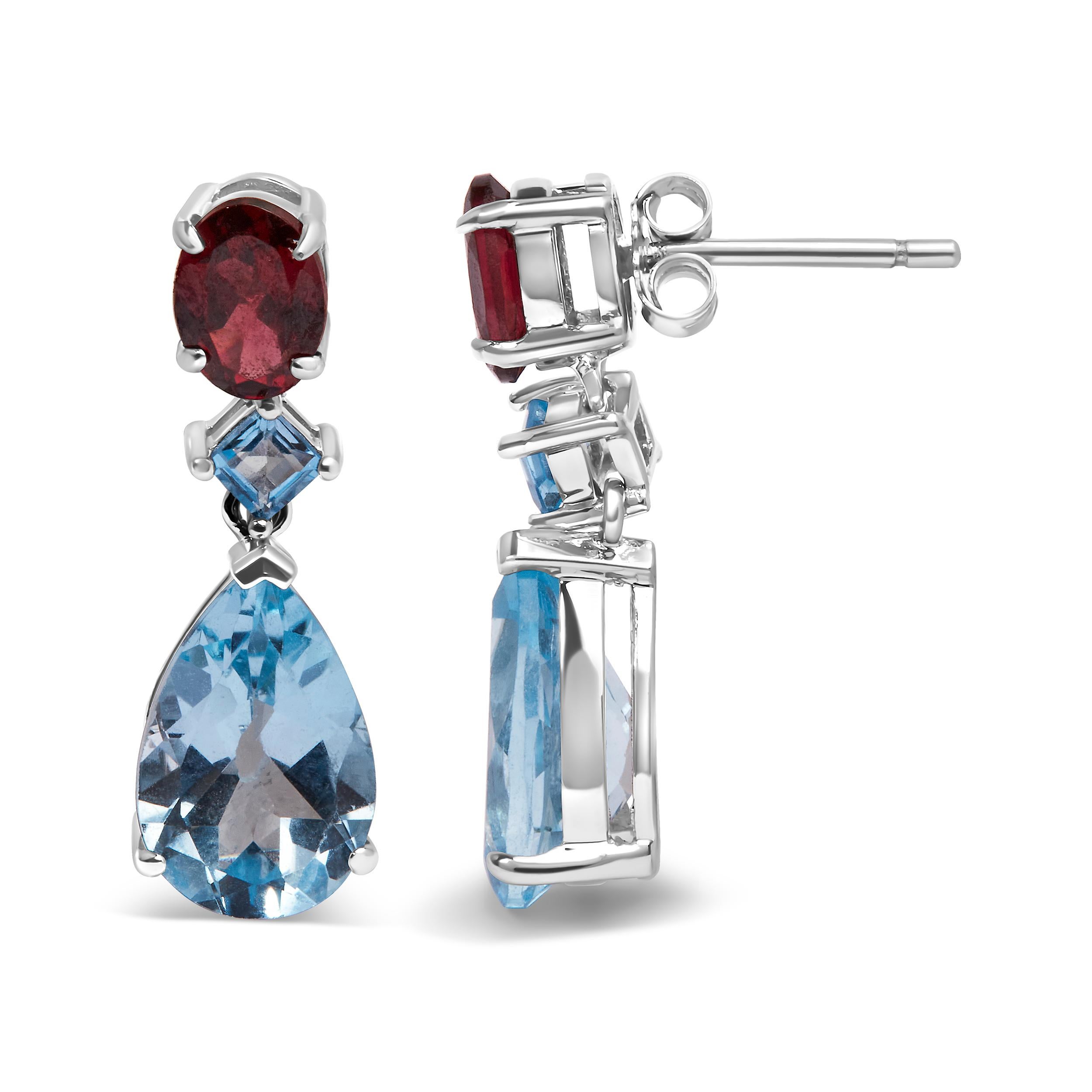 Contemporary Sterling Silver 10.0 Ct Blue Topaz & Grape Rhodolite Garnet Dangle Drop Earrings