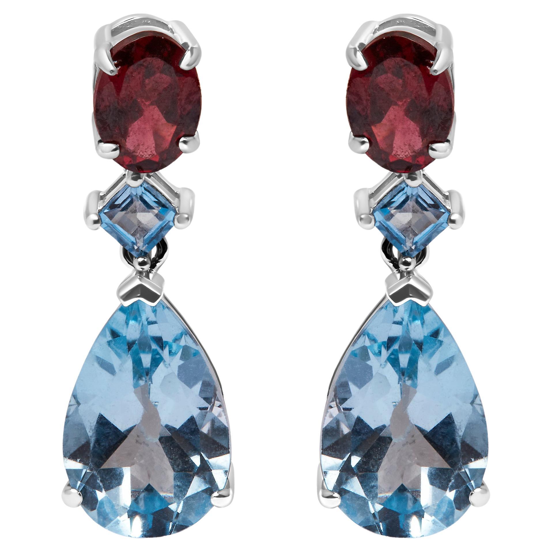 Sterling Silver 10.0 Ct Blue Topaz & Grape Rhodolite Garnet Dangle Drop Earrings For Sale