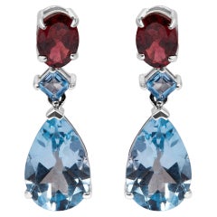 Sterling Silver 10.0 Ct Blue Topaz & Grape Rhodolite Garnet Dangle Drop Earrings