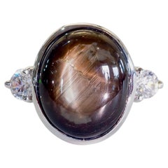 Sterling Silver 10.06ct Black Star Sapphire & Quartz Three Stone Ring, Size 7.75