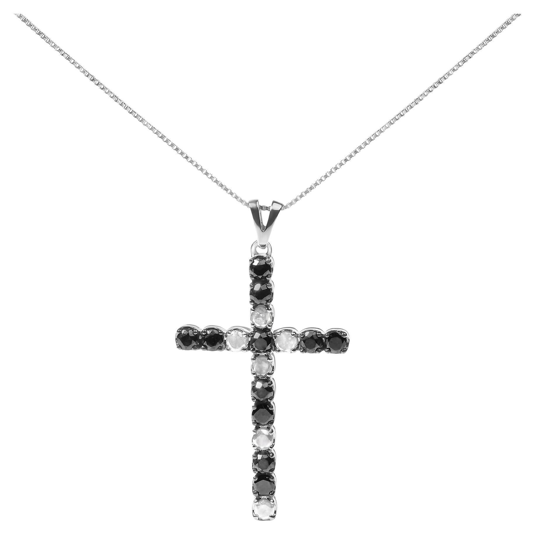 Sterling Silver 1.0ct Black and White Diamond Alternating Cross Pendant Necklace