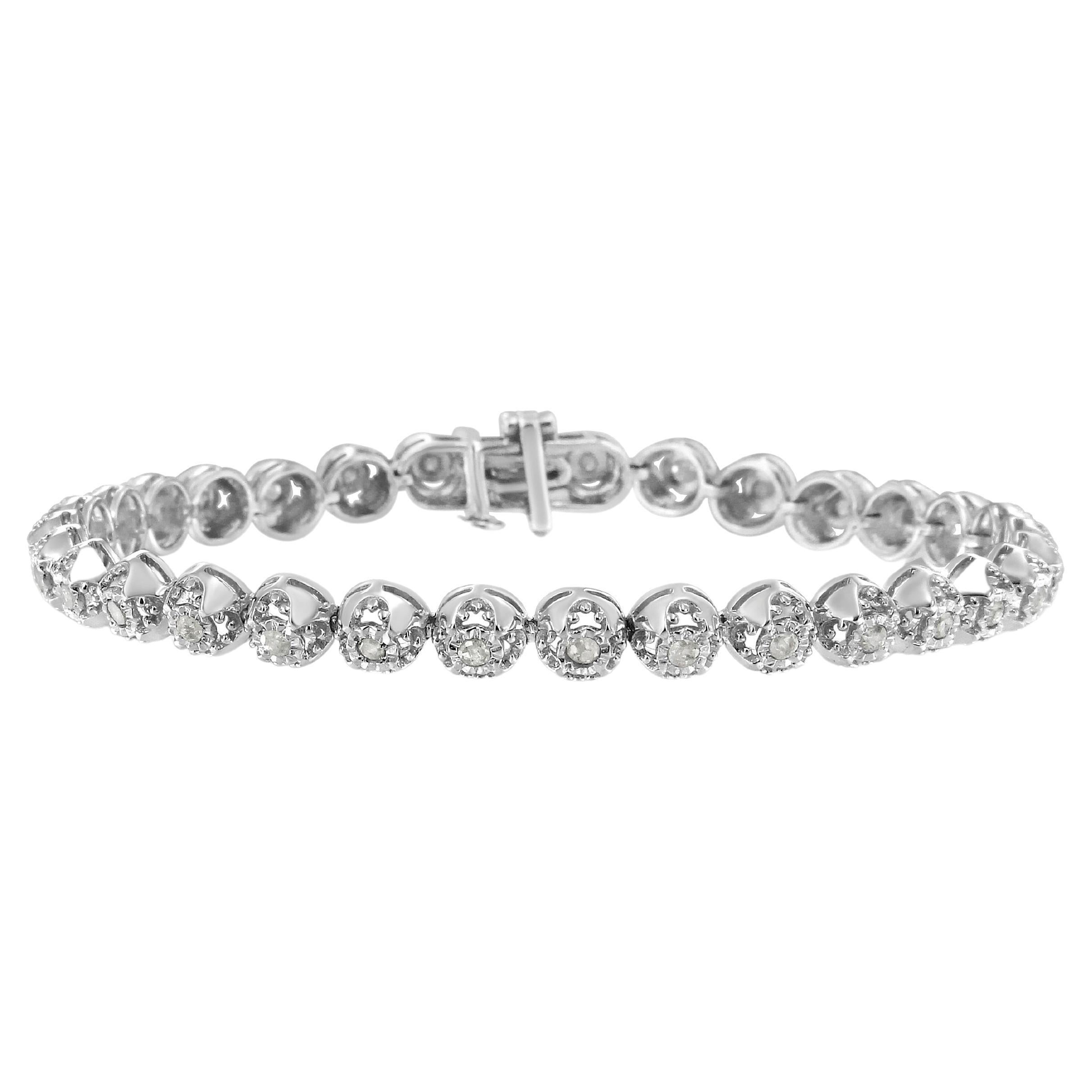 Bracelet tennis à maillons en argent sterling avec diamants 1,0 carat en forme de quadrilobe en forme de fleur en vente