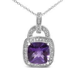 Sterling Silver 10X10MM Purple Amethyst and Diamond Accent Halo Pendant Necklace