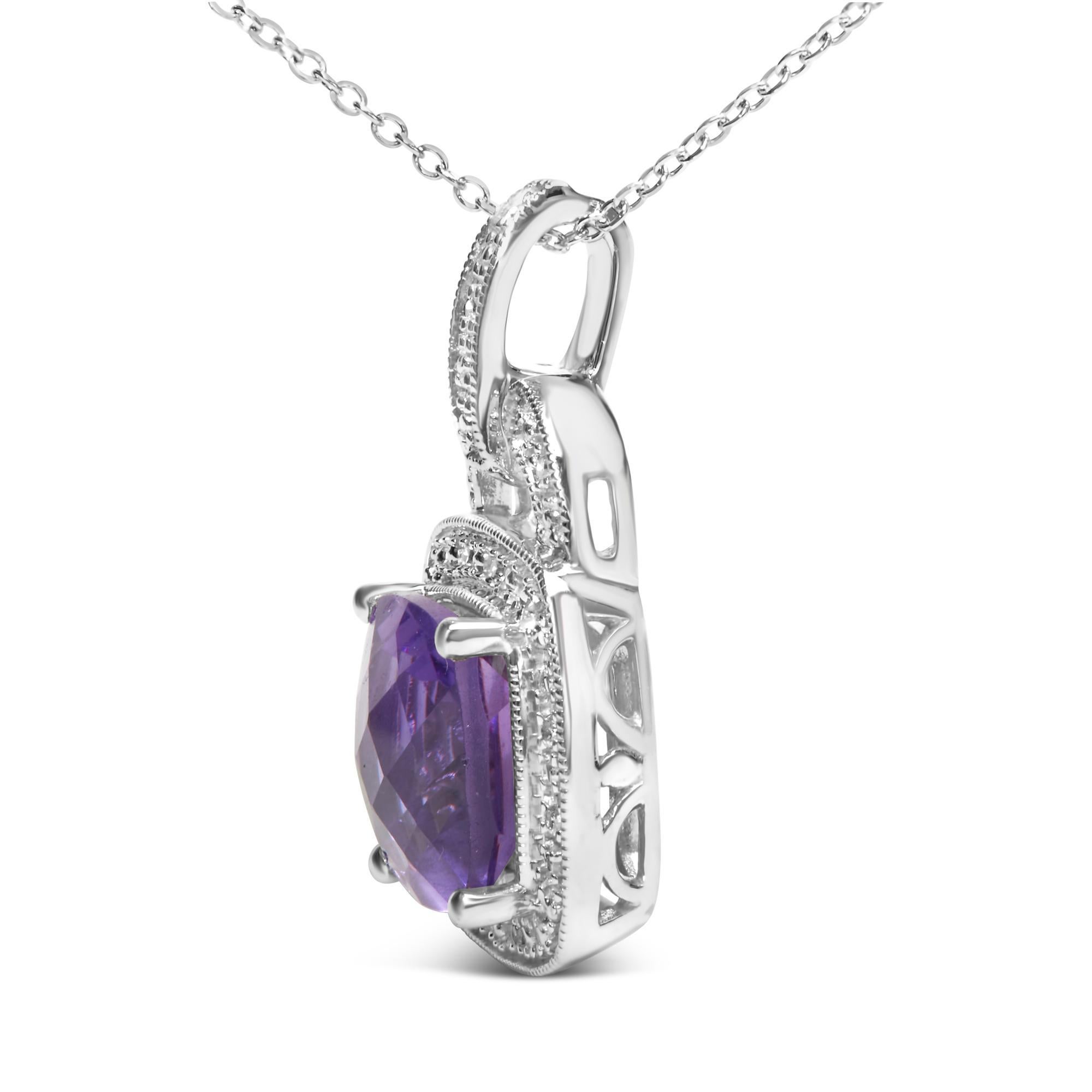 Moderno Collana con ciondolo a raggiera in argento Sterling 10X10MM con ametista viola e accenti di diamanti in vendita