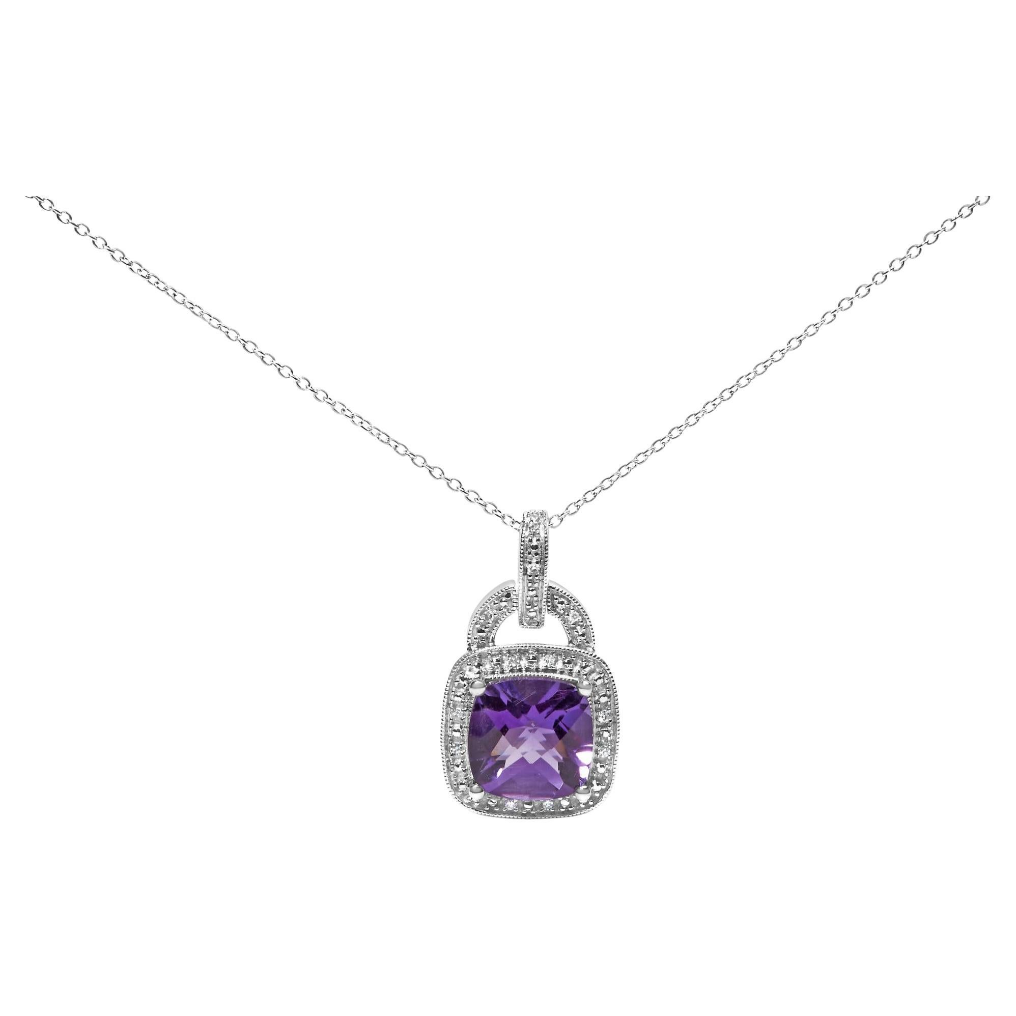 Sterling Silver 10X10MM Purple Amethyst and Diamond Accent Halo Pendant Necklace