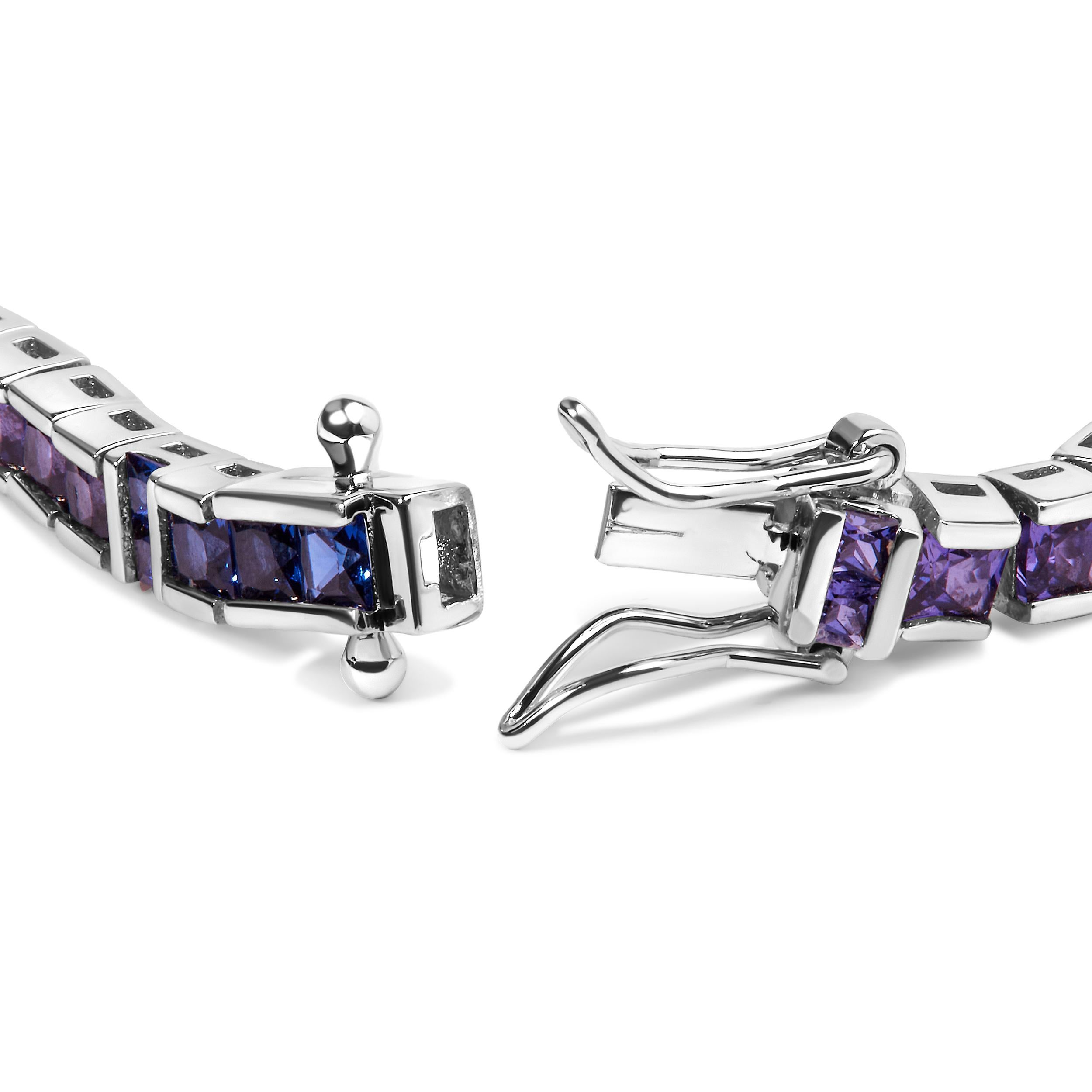 Contemporary Sterling Silver 12 Cttw Multi Colored Princess Cut Gemstone Link Tennis Bracelet For Sale