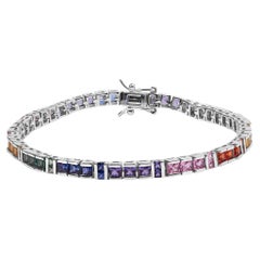 Sterling Silver 12 Cttw Multi Colored Princess Cut Gemstone Link Tennis Bracelet