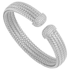 Sterling Silver 12mm Mesh Cuff Bracelet with CZ, Rhodium Finish
