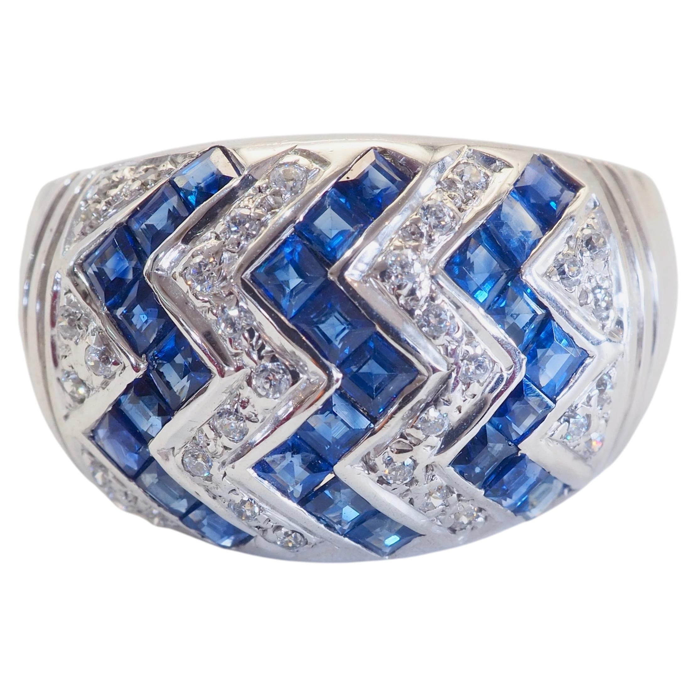 Sterling Silver 1.30ct Square Blue Sapphire & Quartz Dome Band Ring, Size 7.25 For Sale