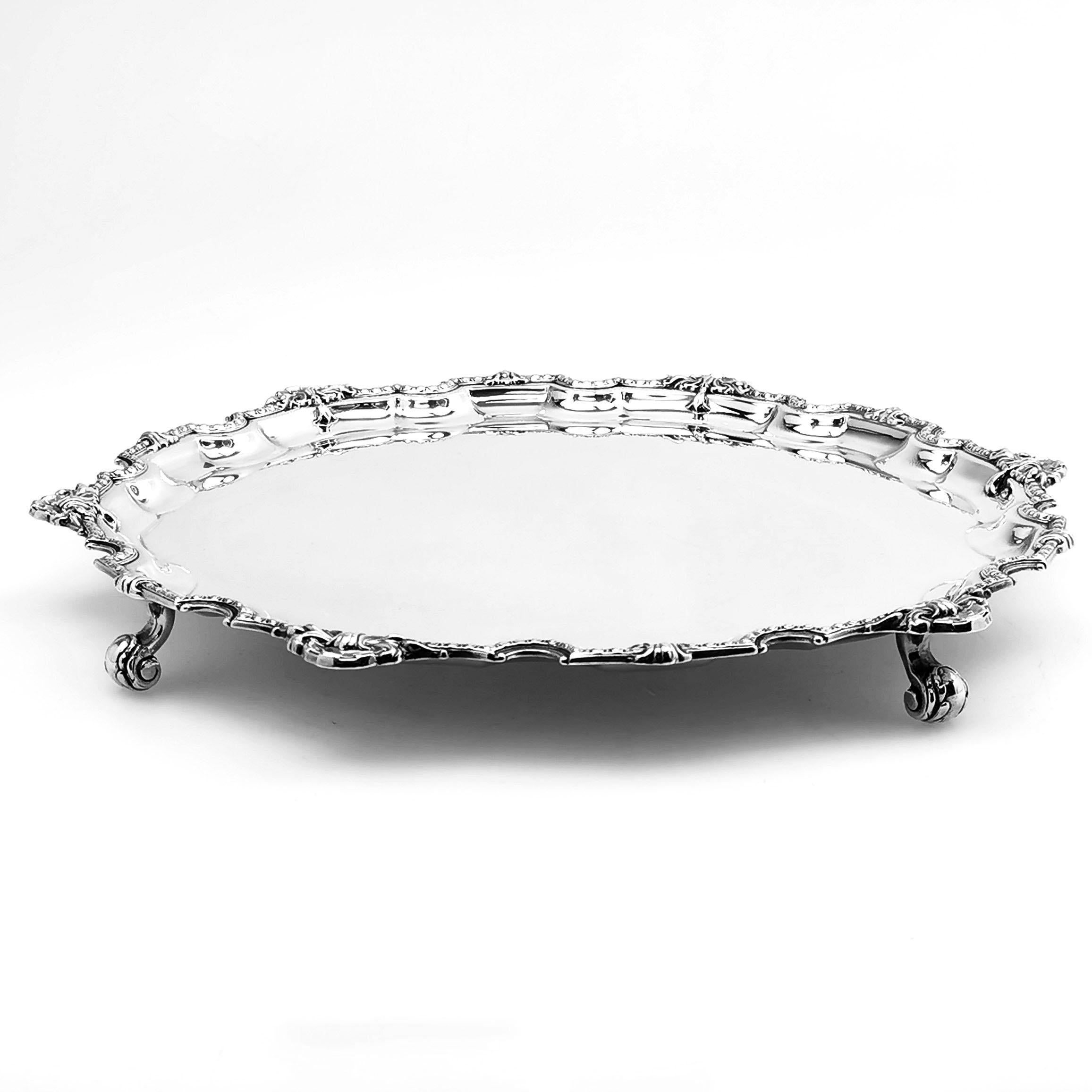 A classic solid silver Salver with an elegant shell and bead border and standing on three acanthus leaf topped scroll feet. This Salver is suitable for engraving if desired.

Made in Sheffield in 1966.

Approx. Weight - 1100g / 36oz
Approx. Diameter