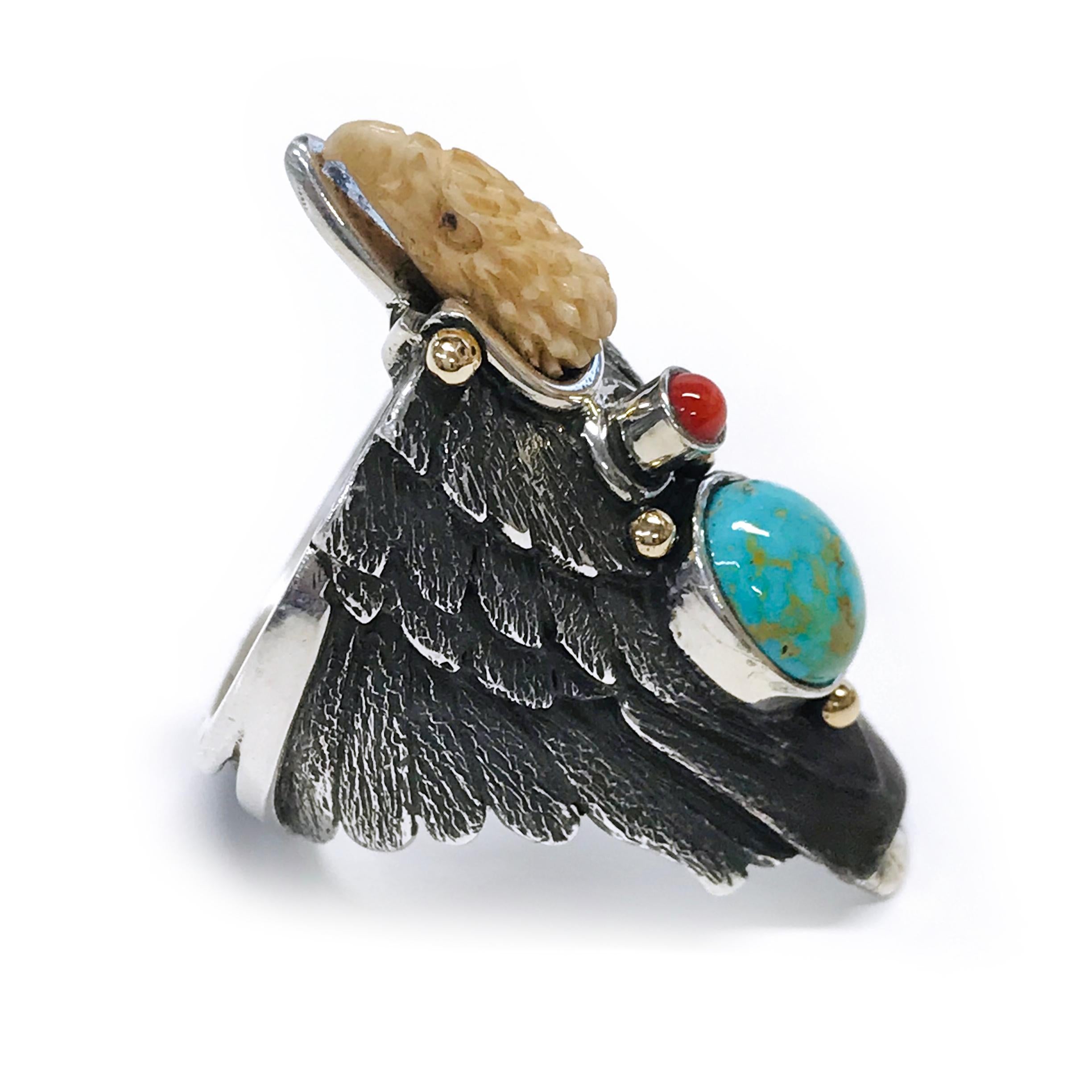 Handcrafted from Sterling Silver with 14k accents by jewelry maker, Ray Winner. This absolutely glorious ring features a natural Blue Royston Turquoise oval cabochon and Mediterranean Coral round cabochon bezel set. The form of the ring band is